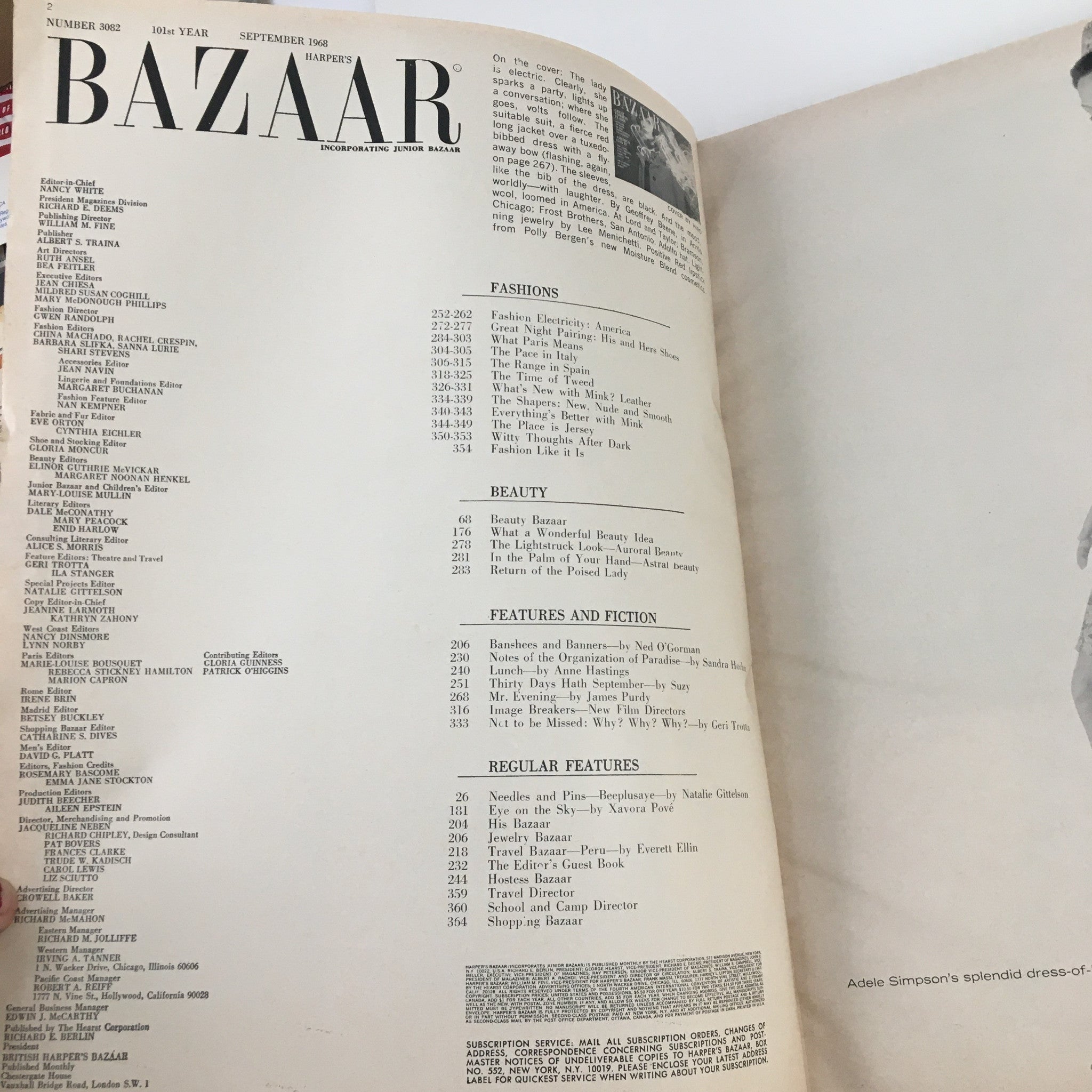 Inside pages of Harper's Bazaar magazine from September 1968, displaying the contents and features, including 'Mr. Evening' by James Purdy.