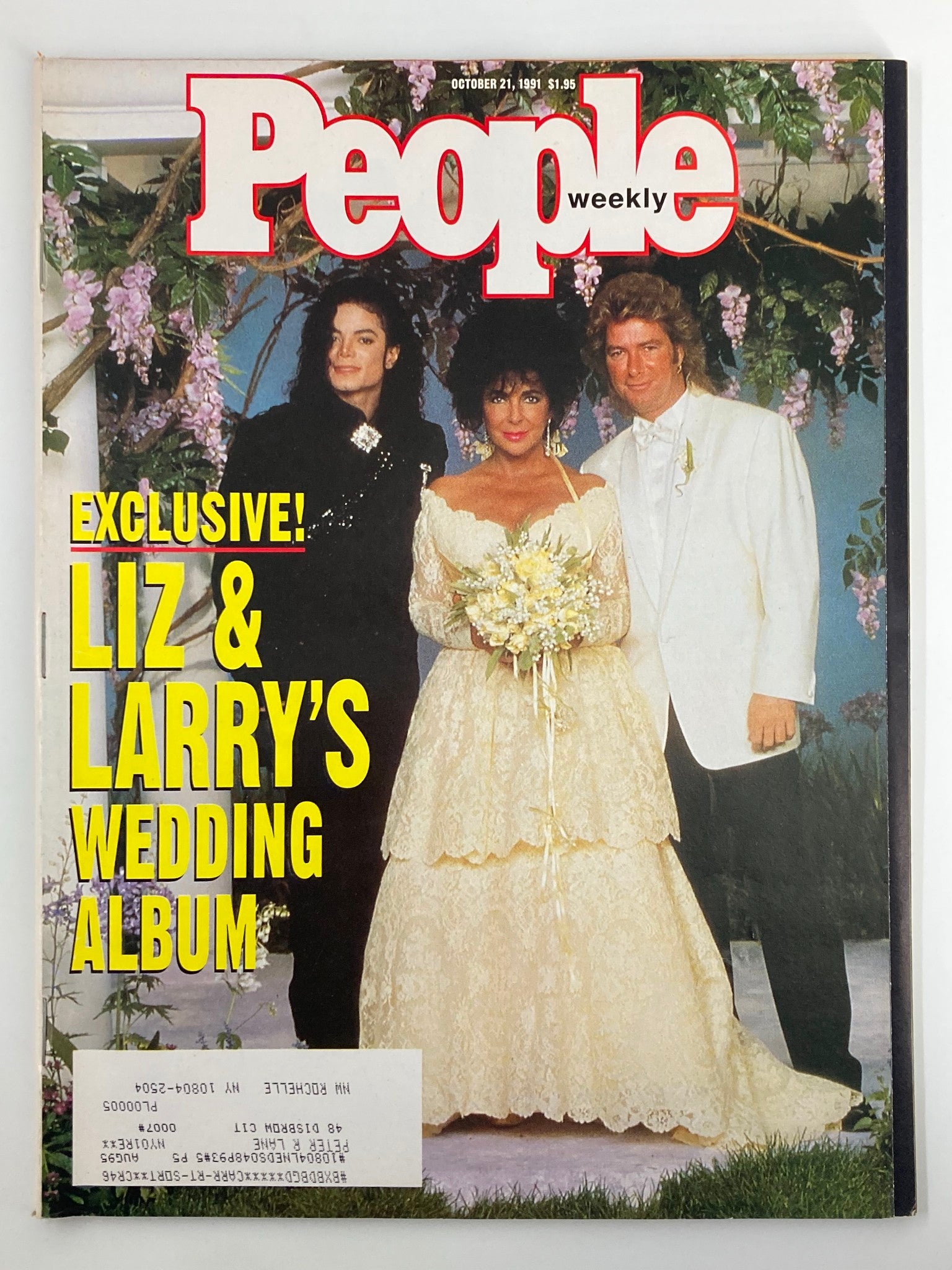 People Weekly Magazine cover from October 21, 1991, featuring Michael Jackson, Elizabeth Taylor in a wedding dress, and Larry Fortensky. The cover highlights an exclusive wedding album with the caption 'Liz & Larry's Wedding Album'.