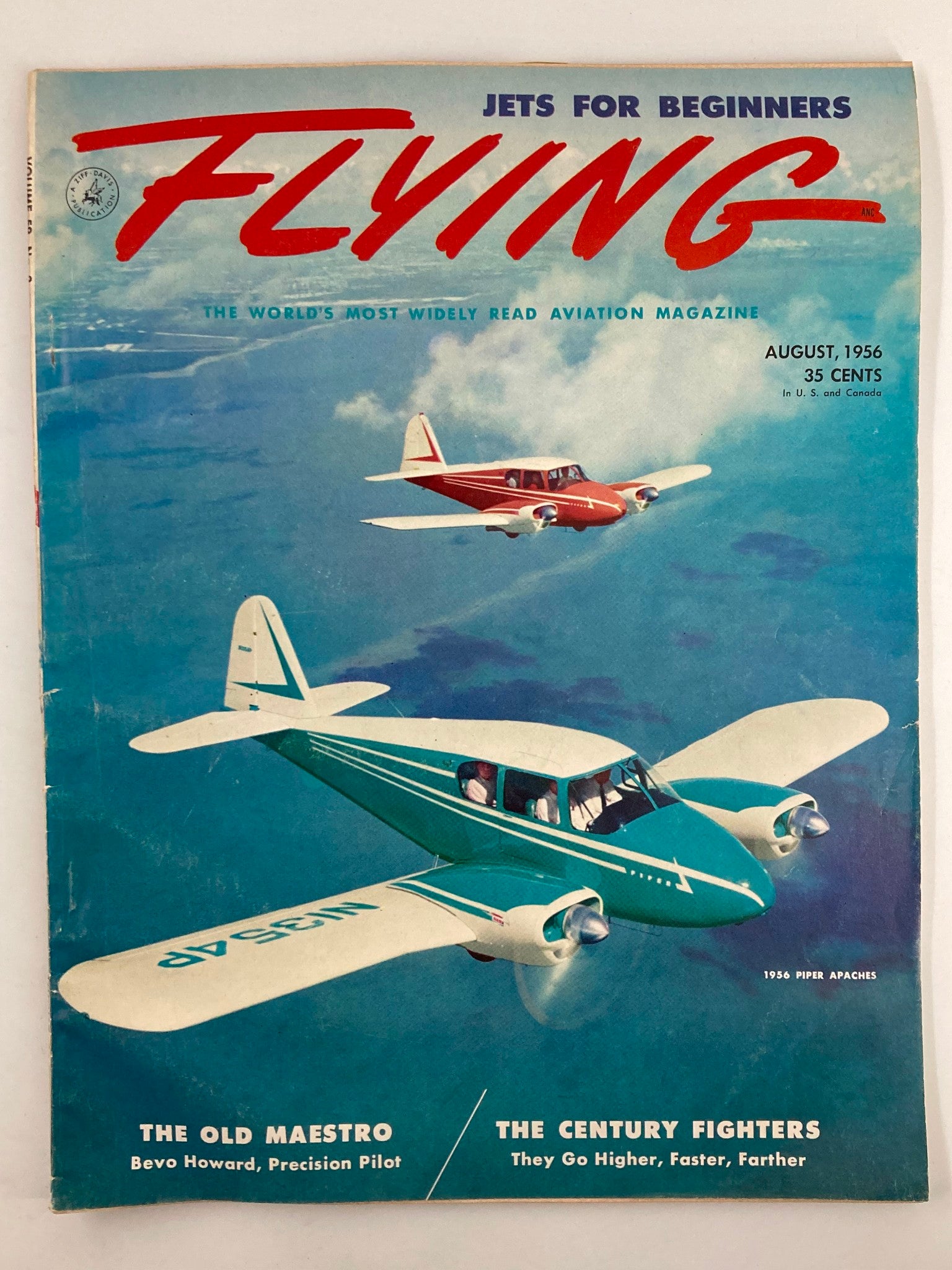 Cover of VTG Flying Magazine August 1956 featuring Piper Apaches and titled 'The Old Maestro' with vivid illustrations of aircraft.