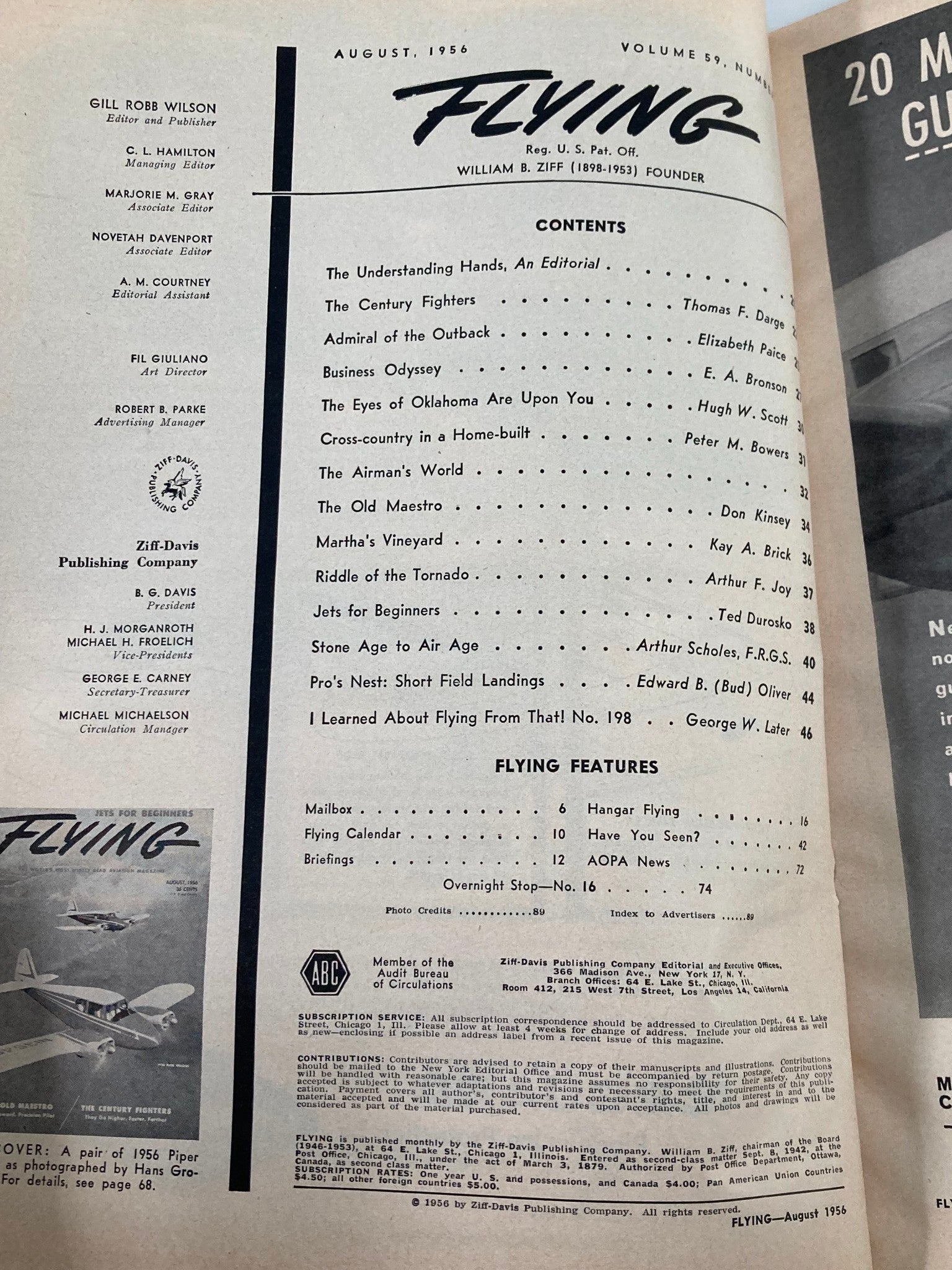 Contents page of VTG Flying Magazine August 1956 showcasing articles including 'The Old Maestro' alongside other aviation features.