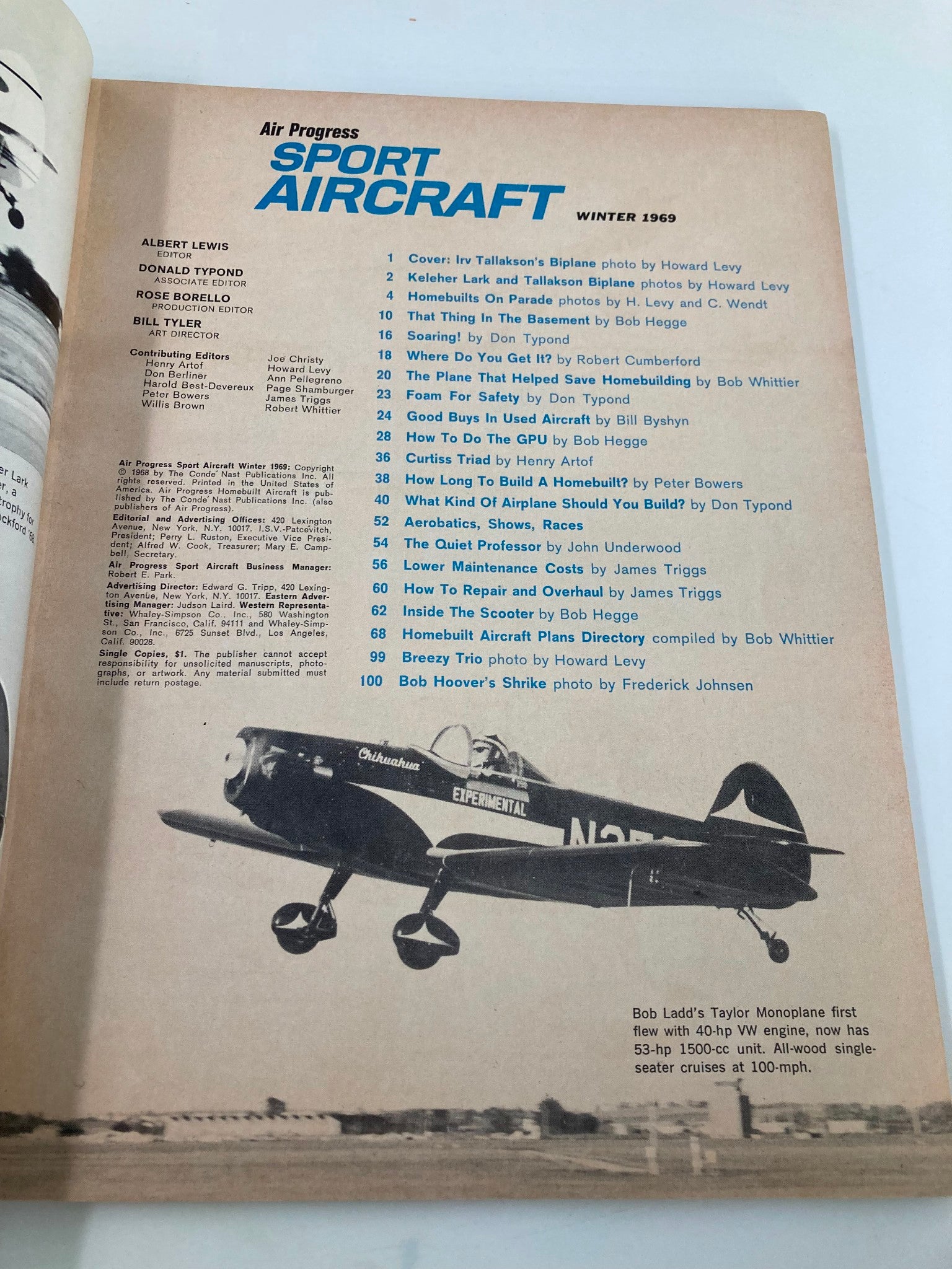 VTG Air Progress Sport Aircraft Winter 1969 Bob Ladd's Taylor Monoplane No Label