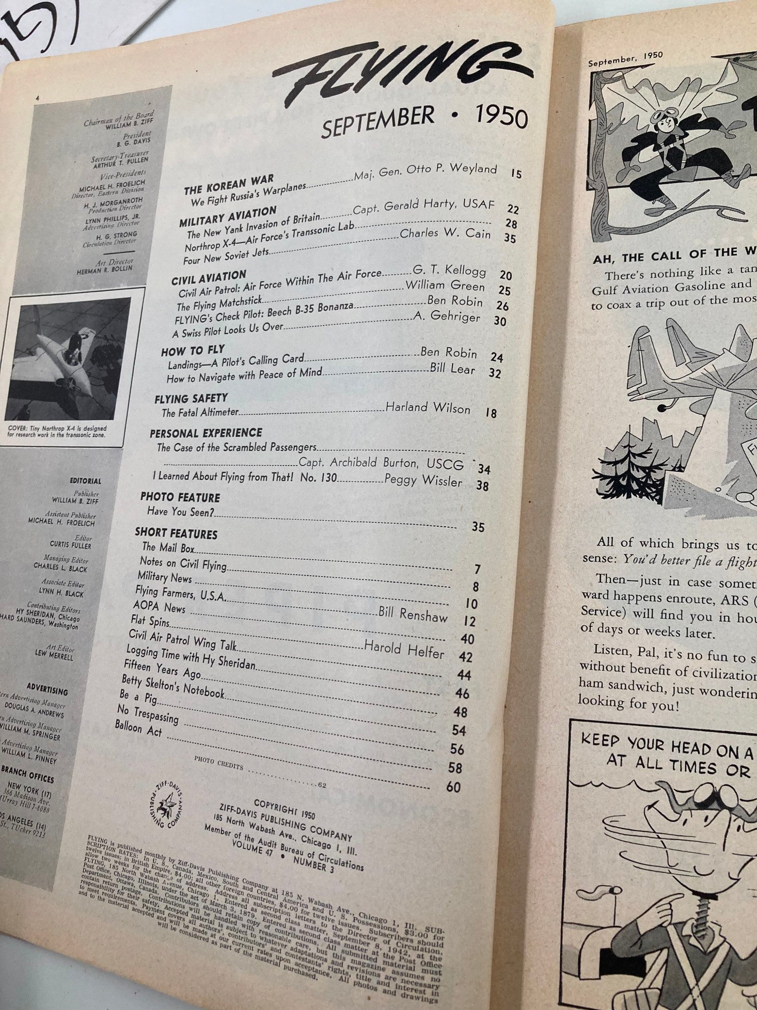 Interior page of the VTG Flying Magazine September 1950 featuring table of contents including articles on military aviation, civil aviation, and personal experience, highlighting the Northrop X-4 Midget Flying.
