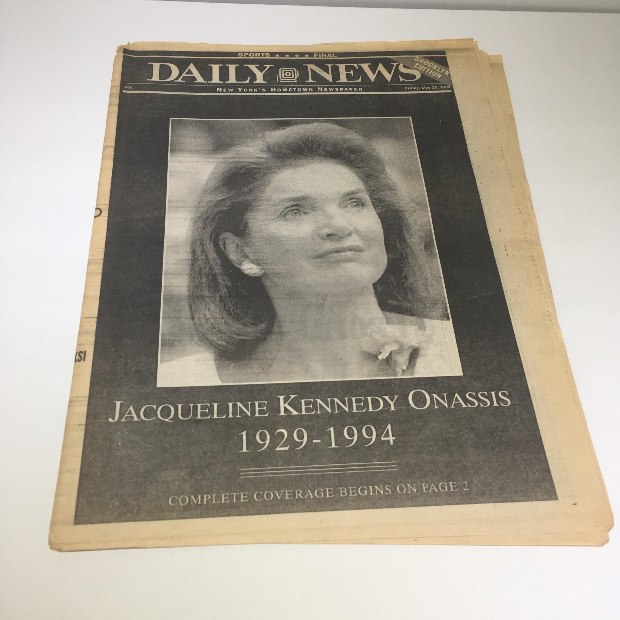 NY Daily News cover from May 20, 1994, featuring a tribute to Jacqueline Kennedy Onassis (1929-1994) with a portrait of her on the front.