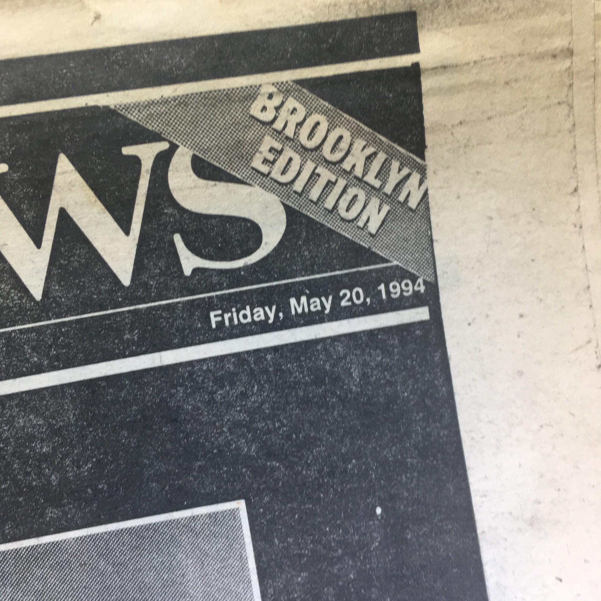 Detail of the NY Daily News header from May 20, 1994, indicating the Brooklyn Edition featuring a tribute to Jacqueline Kennedy Onassis (1929-1994).