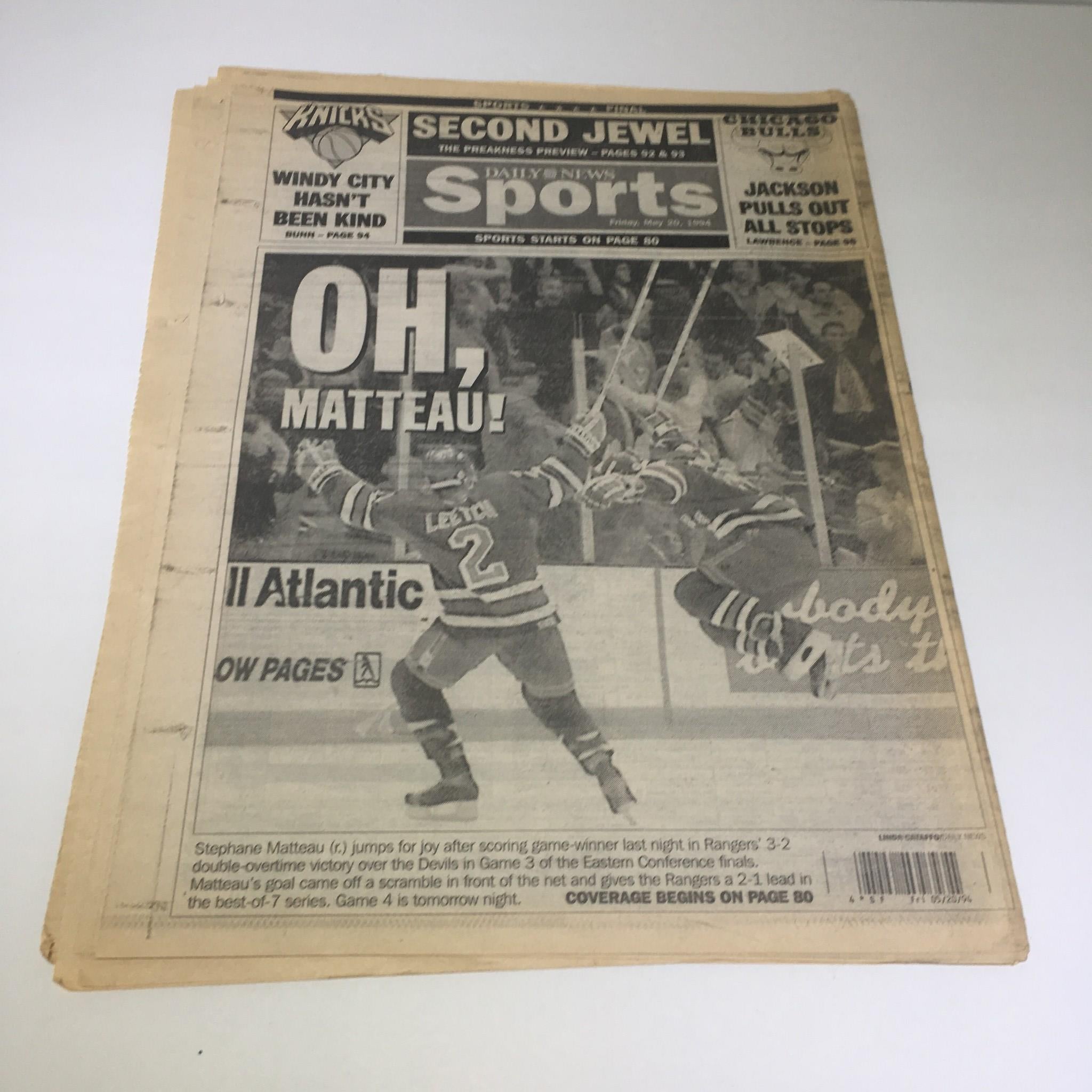 Back cover of NY Daily News from May 20, 1994, showcasing sports news with an article related to the New York Rangers hockey team.