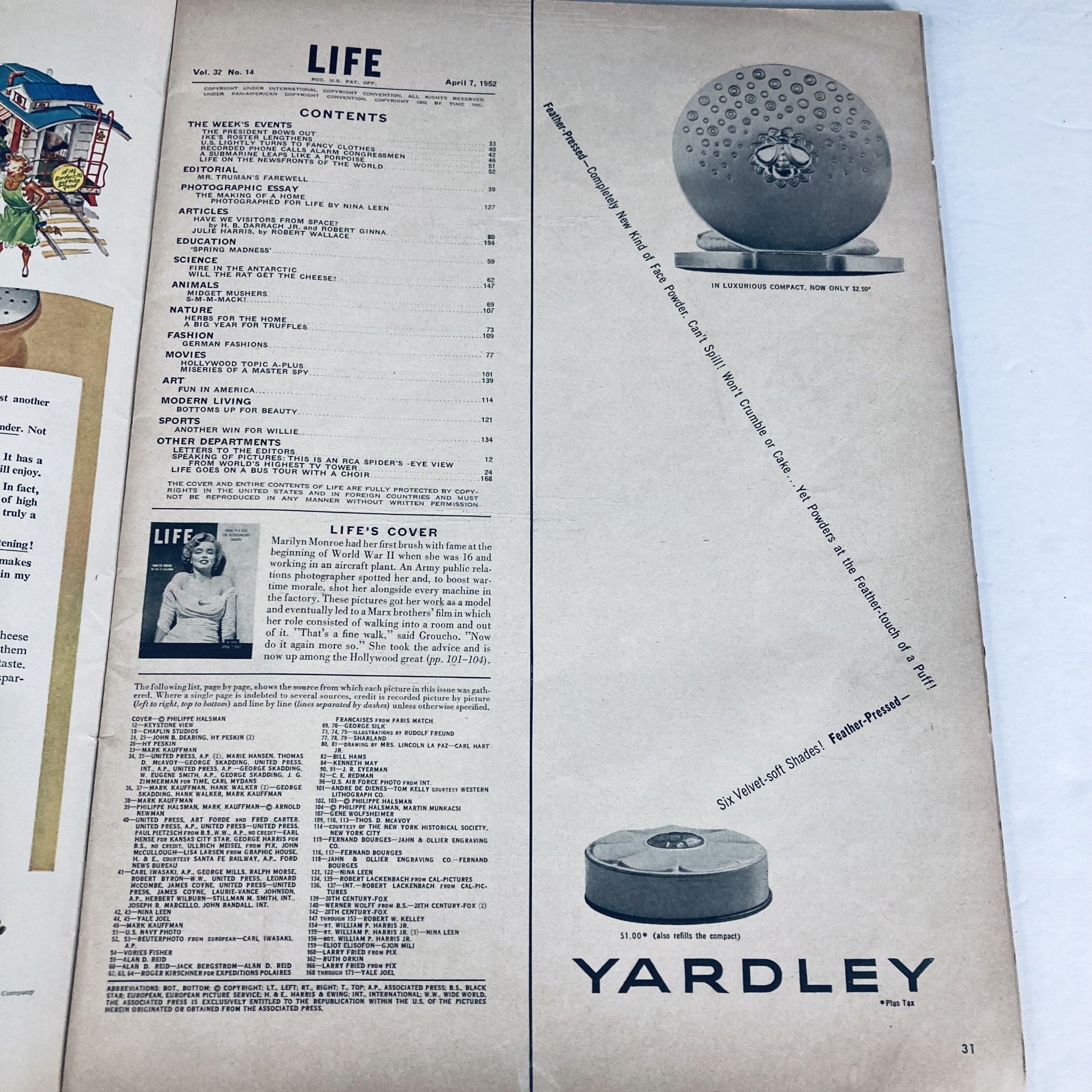 VTG Life Magazine April 7 1952 Vol 32 No. 14 Marilyn Monroe No Label