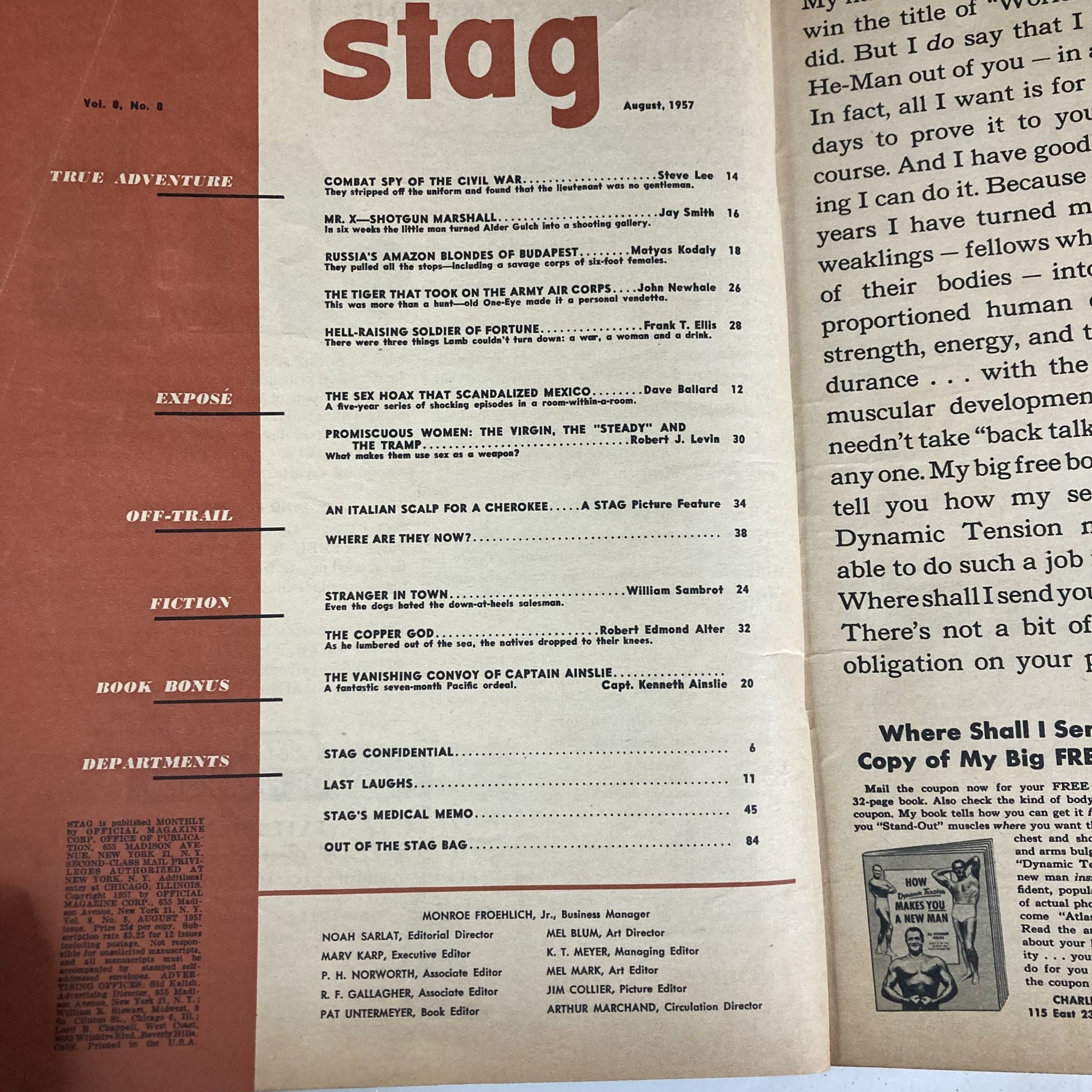 VTG Stag Magazine August 1957 Vol 8 No. 8 Dean Lamb Soldier of Fortune No Label