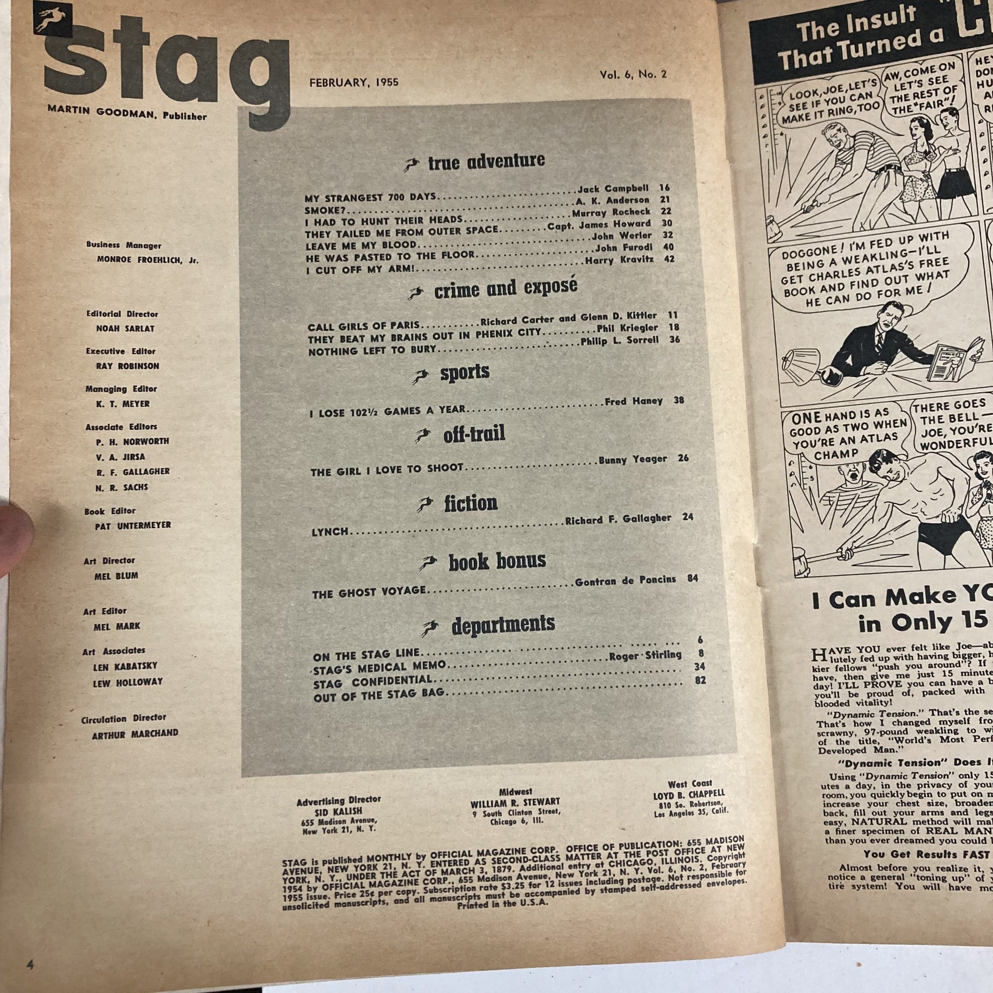 VTG Stag Magazine February 1955 Vol 6 No. 2 My Mad 700-Day Voyage No Label