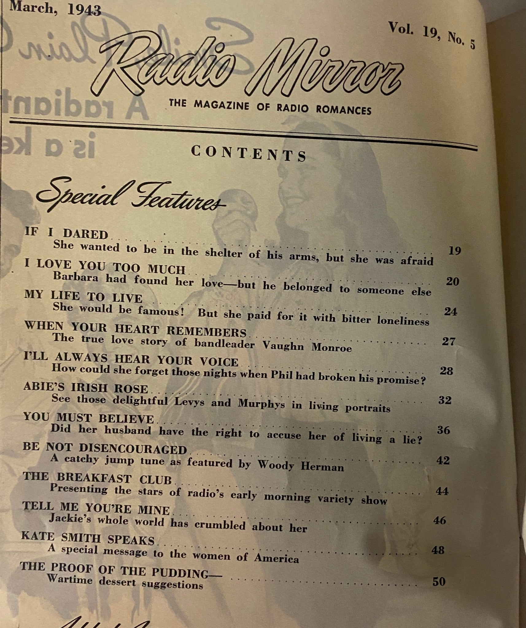 Table of contents from Radio Mirror Magazine March 1943, detailing the romantic stories and features within the issue.