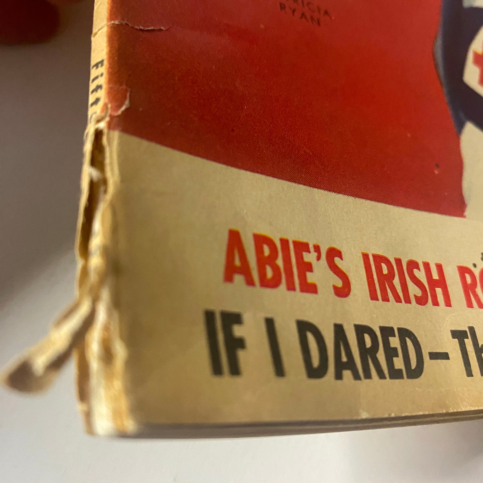 Close-up of the spine of Radio Mirror Magazine March 1943, highlighting the titles 'Abie's Irish Rose' and 'If I Dared'.