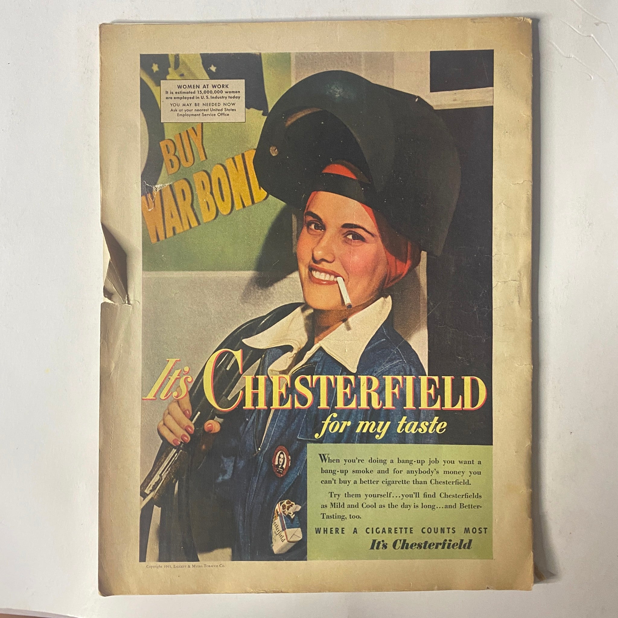 Promotional advertisement for Chesterfield cigarettes from the 1940s, found in Radio Mirror Magazine March 1943.