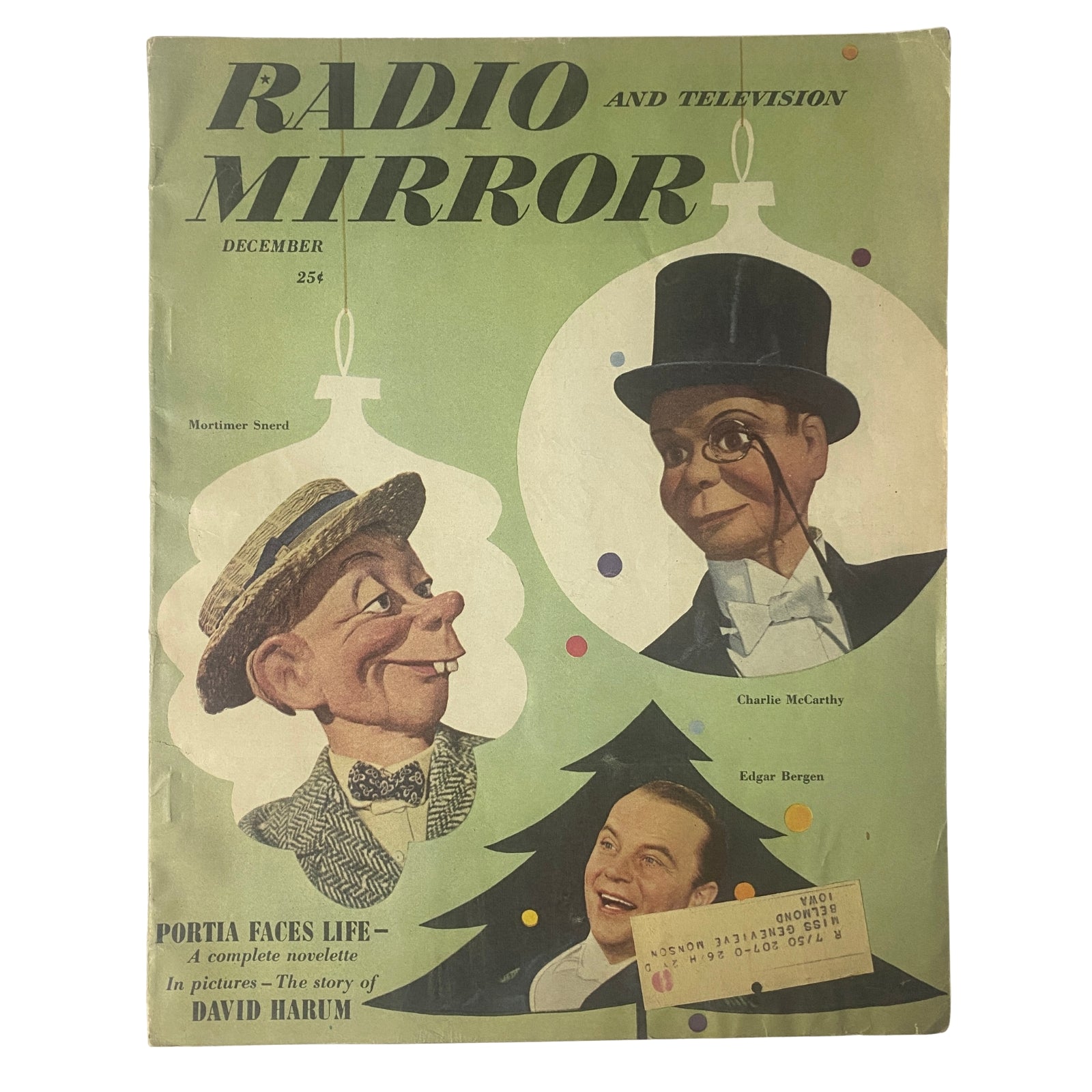 Radio and TV Mirror Magazine December 1948 cover featuring Charlie McCarthy, Edgar Bergen, and Mortimer Snerd with a festive design.