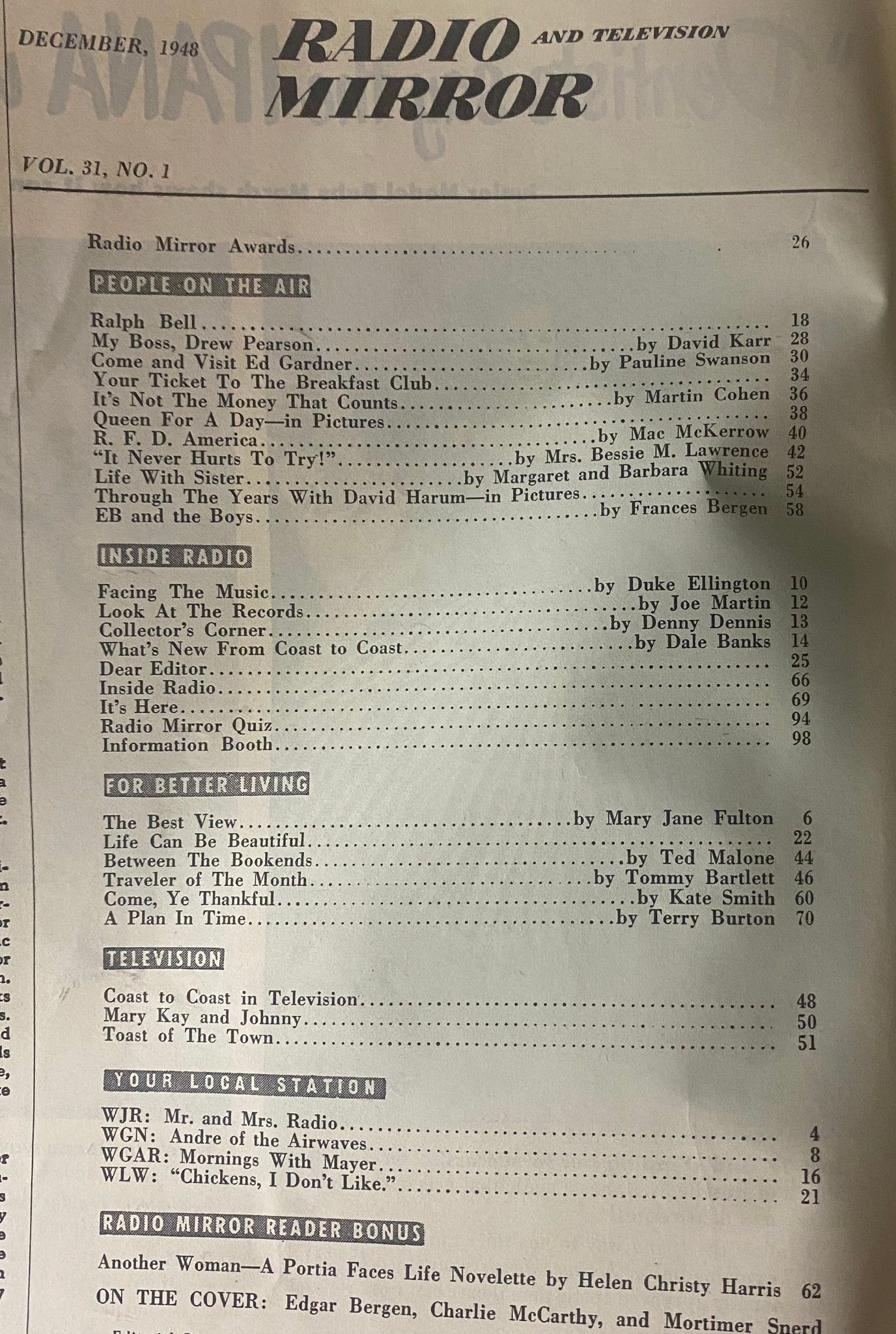 Contents page of Radio and TV Mirror Magazine December 1948, listing features including radio awards and highlights from the era.