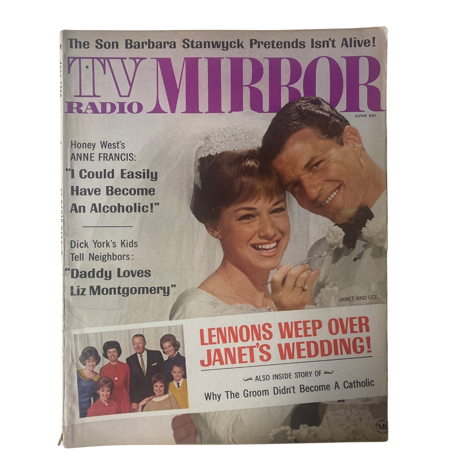 TV Radio Mirror Magazine cover from June 1966 featuring Janet Lennon and Lee Bernhardi. The cover highlights articles such as 'The Son Barbara Stanwyck Pretends Isn't Alive!' and 'Lennon's Weep Over Janet's Wedding.' This vintage magazine captures the essence of 1960s television and radio culture.