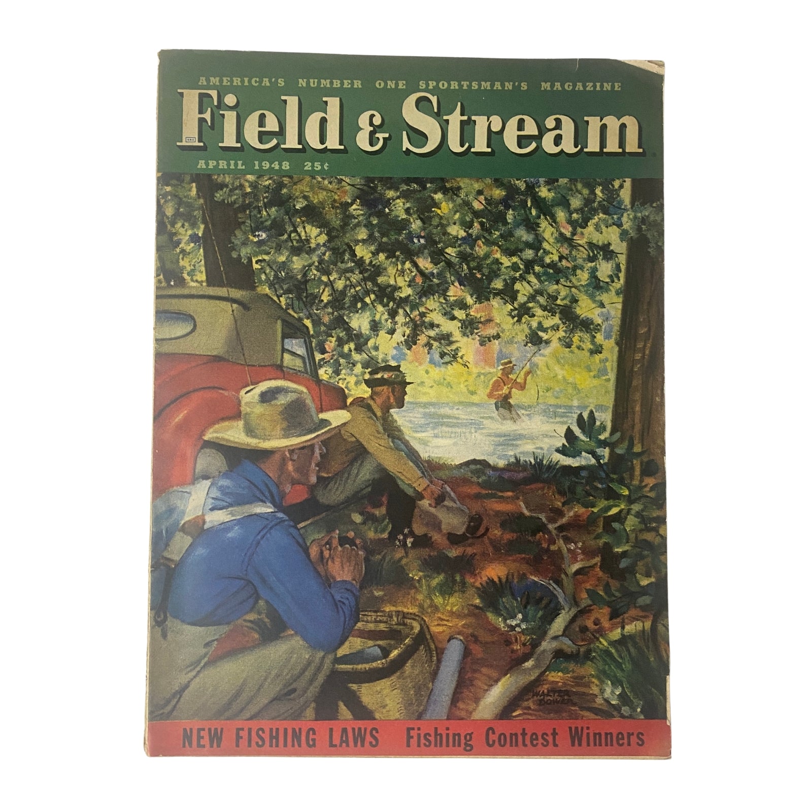 Cover of Field & Stream Magazine from April 1948 featuring themes of new fishing laws and fishing contest winners, showcasing an outdoor scene with a hunter and dog in a natural landscape.