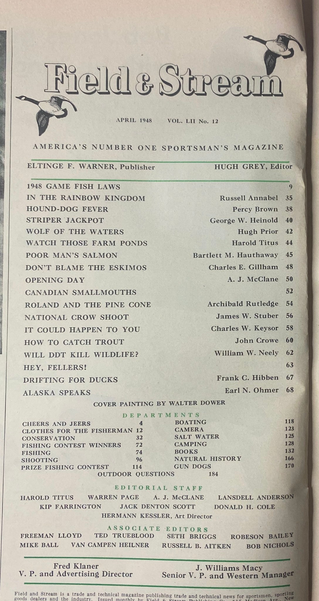 Field & Stream Magazine April 1948 cover showcasing articles on fishing laws, outdoor life, and conservation. The magazine features a detailed table of contents with titles like 'In the Rainbow Kingdom' and 'Wolf of the Waters'.