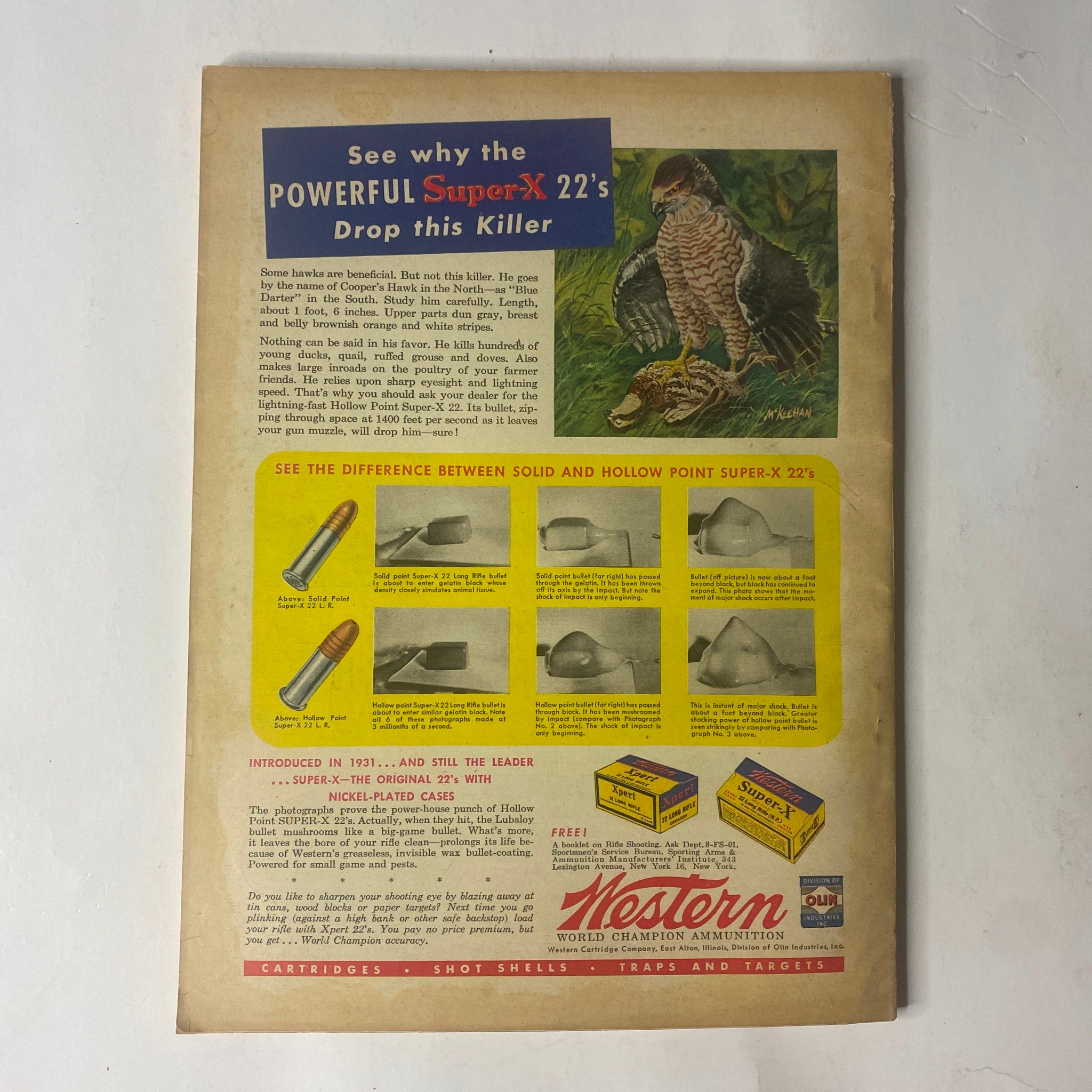 Back cover of Field & Stream Magazine April 1948 featuring an advertisement for powerful Super-X .22 ammunition with a striking image of a hawk. The design illustrates the differences between solid and hollow point ammunition.
