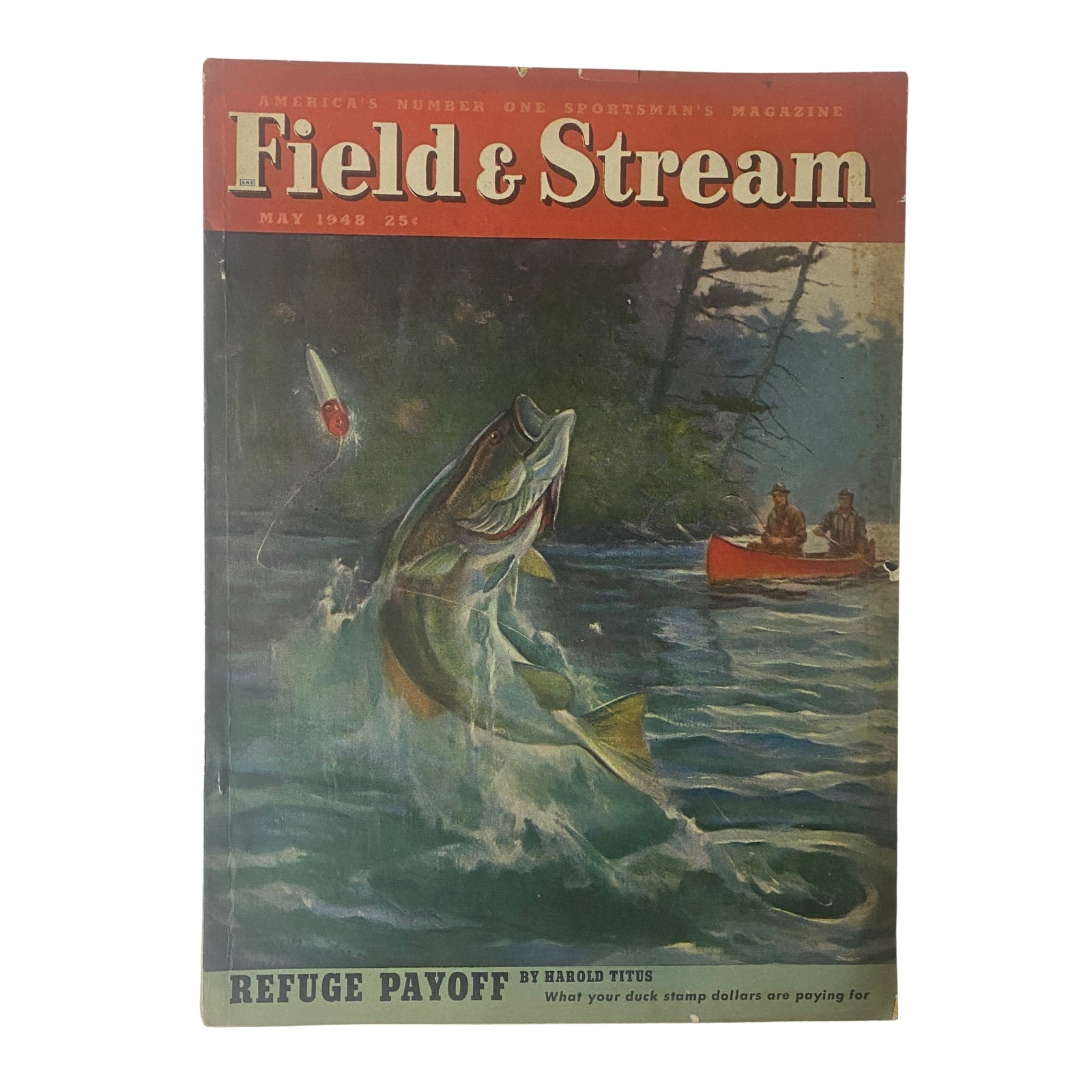 Field & Stream Magazine May 1948 featuring 'Refuge Payoff' by Harold Titus, showcasing a cover illustration of a leaping fish in a serene outdoor setting.