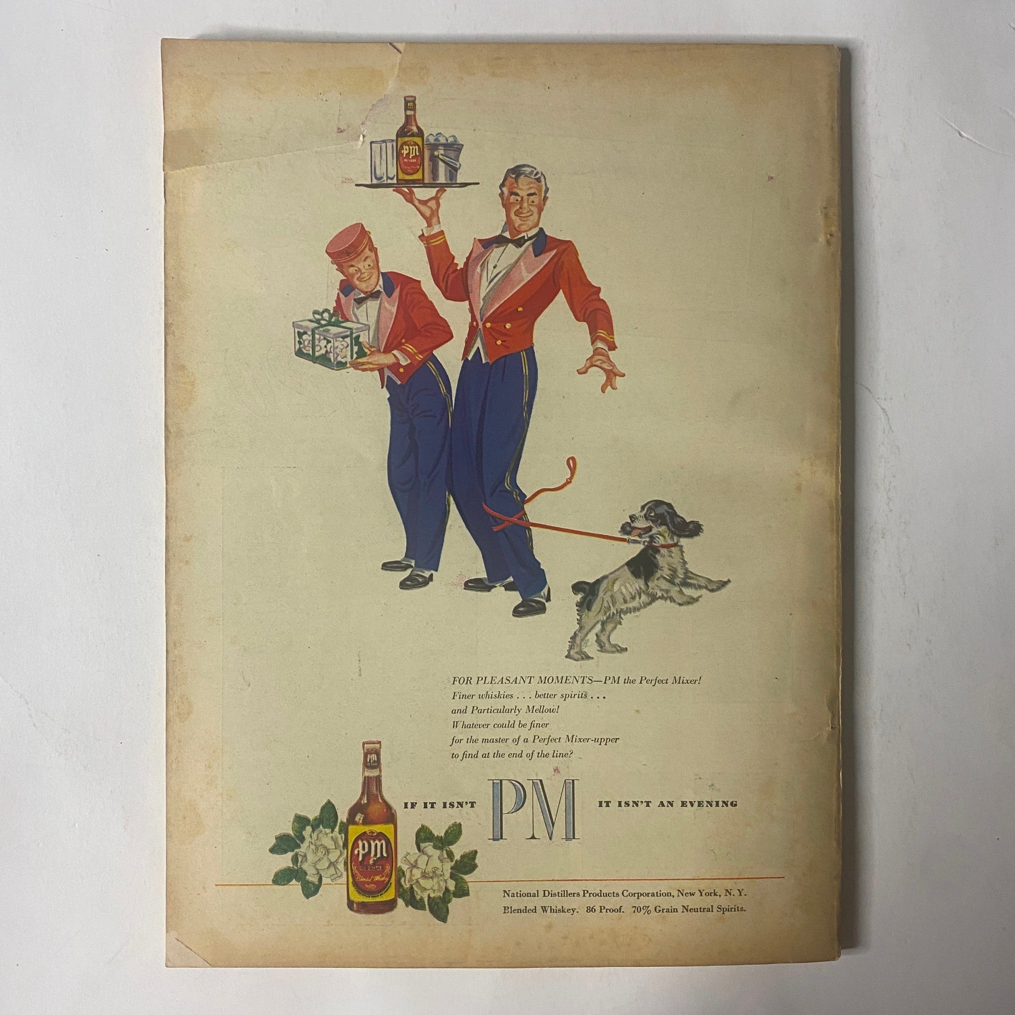 Vintage advertisement illustration featuring two cheerful waiters in tuxedos carrying gifts and a bottle of PM brand liquor, associated with the Field & Stream Magazine May 1948 issue titled 'Refuge Payoff' by Harold Titus.