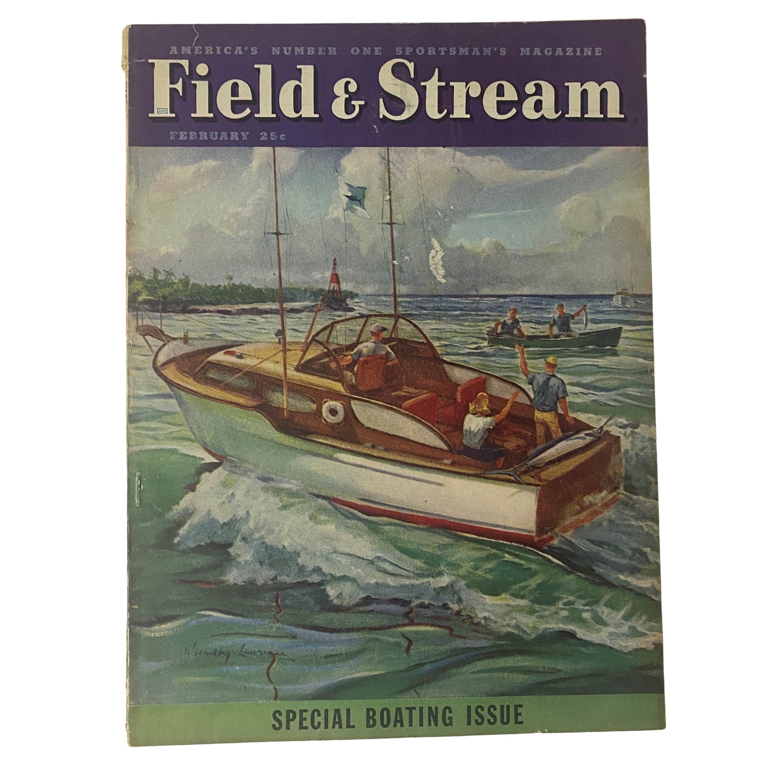 Field & Stream Magazine February 1948 Special Boating Issue cover featuring a vibrant boating scene with people enjoying water activities.