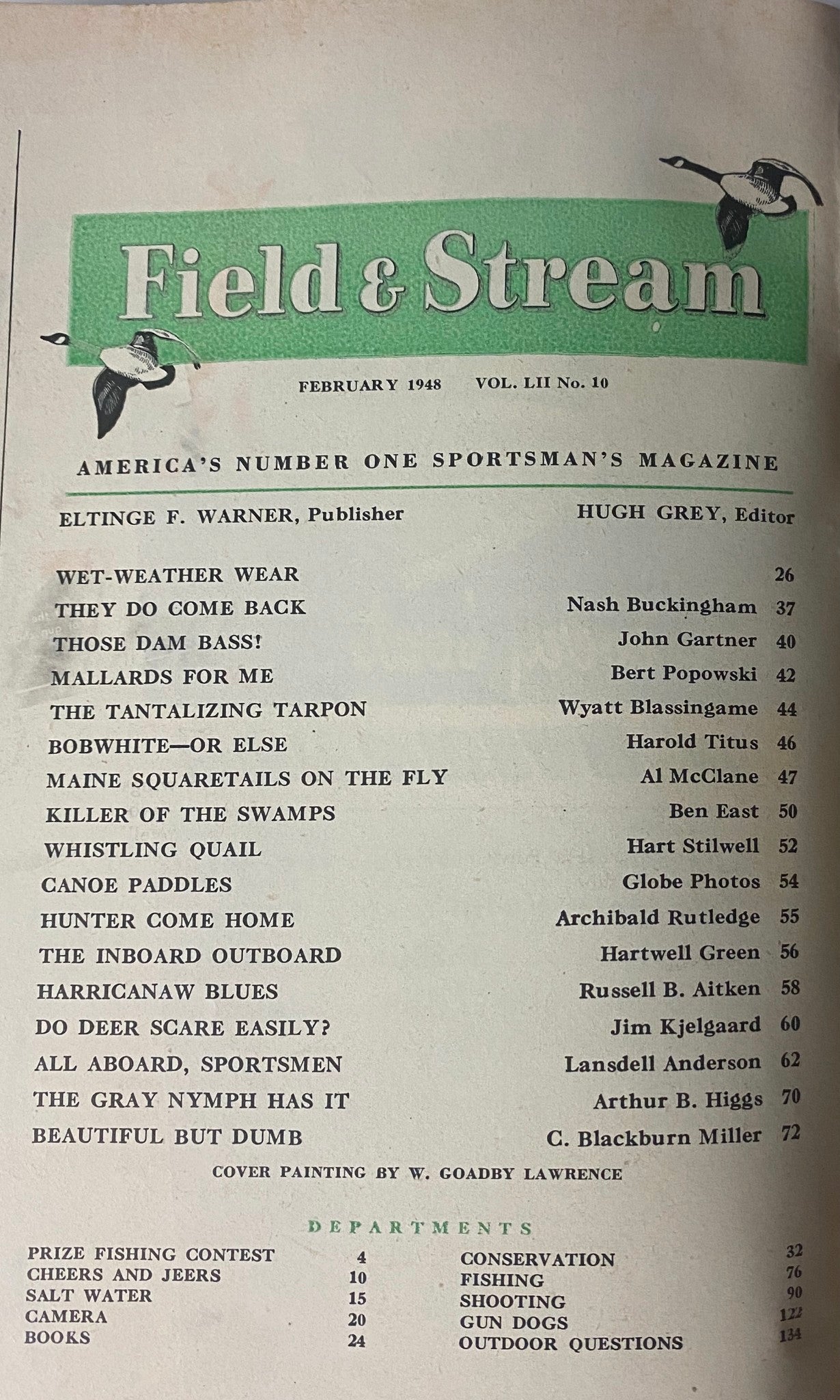 Field & Stream Magazine February 1948 Special Boating Issue table of contents listing featured articles by various authors.