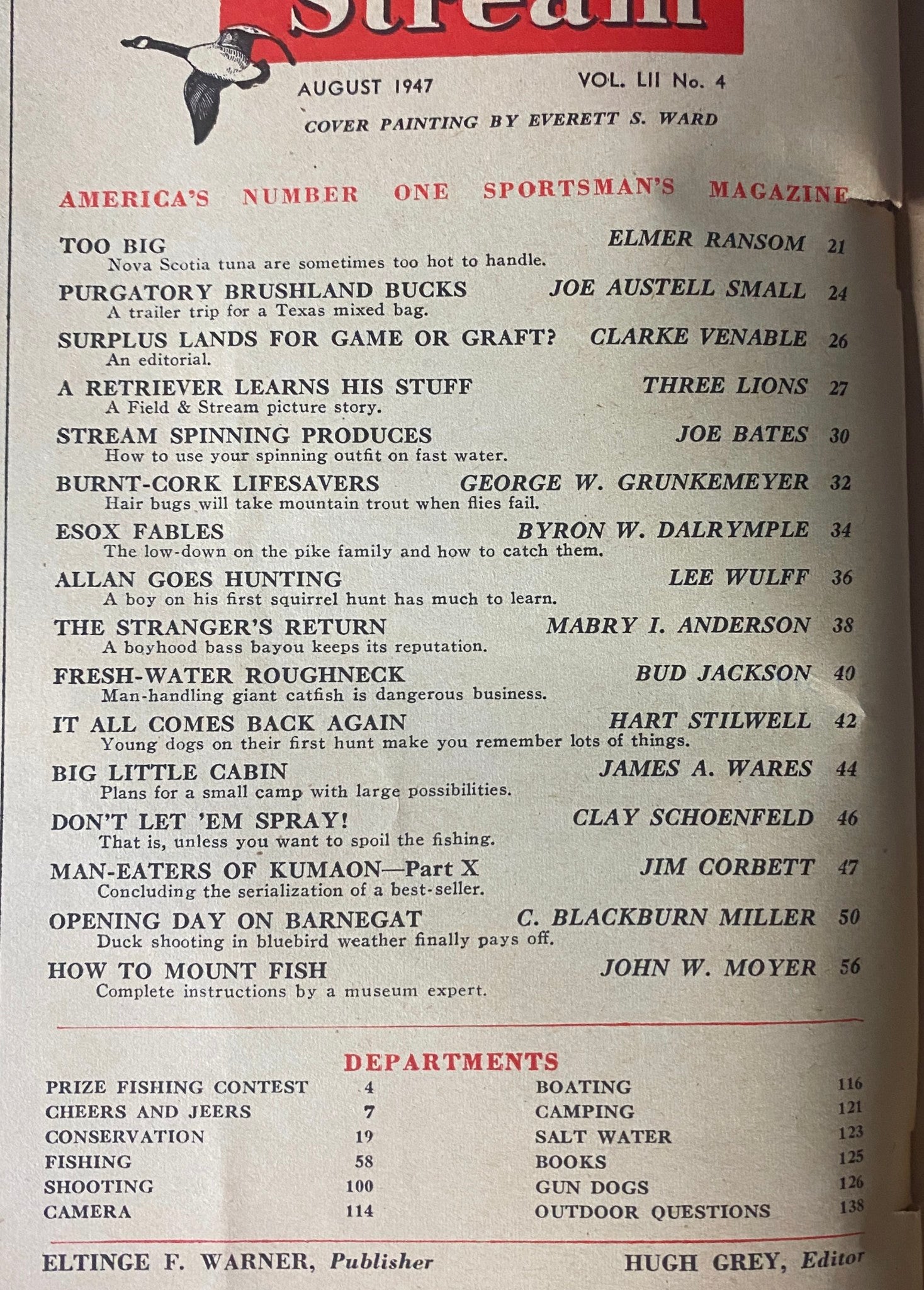 Table of contents from Field & Stream Magazine August 1947, listing featured articles including 'Surplus Lands for Game or Graft?' and several sporting stories.