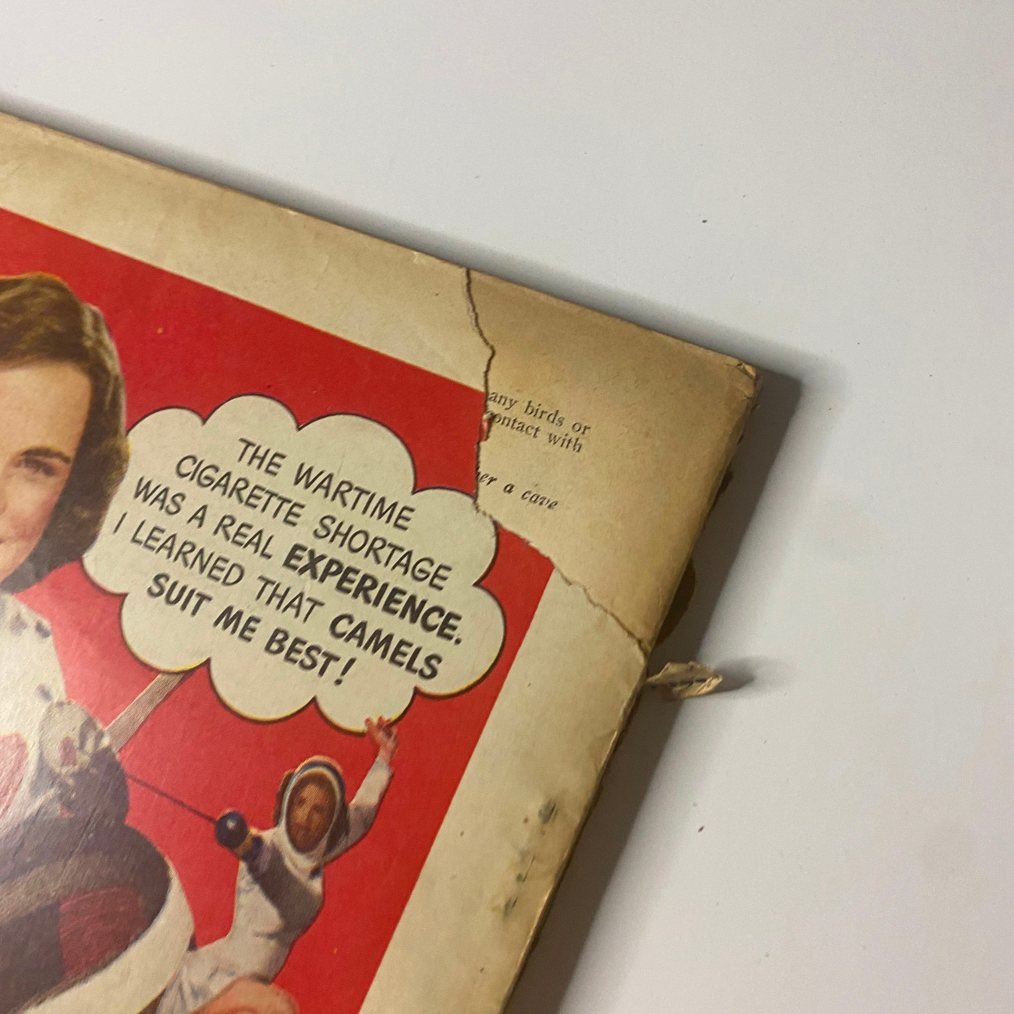 Cover detail of Field & Stream Magazine August 1947 featuring a woman holding a speech bubble stating 'THE WARTIME CIGARETTE SHORTAGE WAS A REAL EXPERIENCE. I LEARNED THAT CAMELS SUIT ME BEST!' This issue highlights discussions on outdoor adventures and conservation.