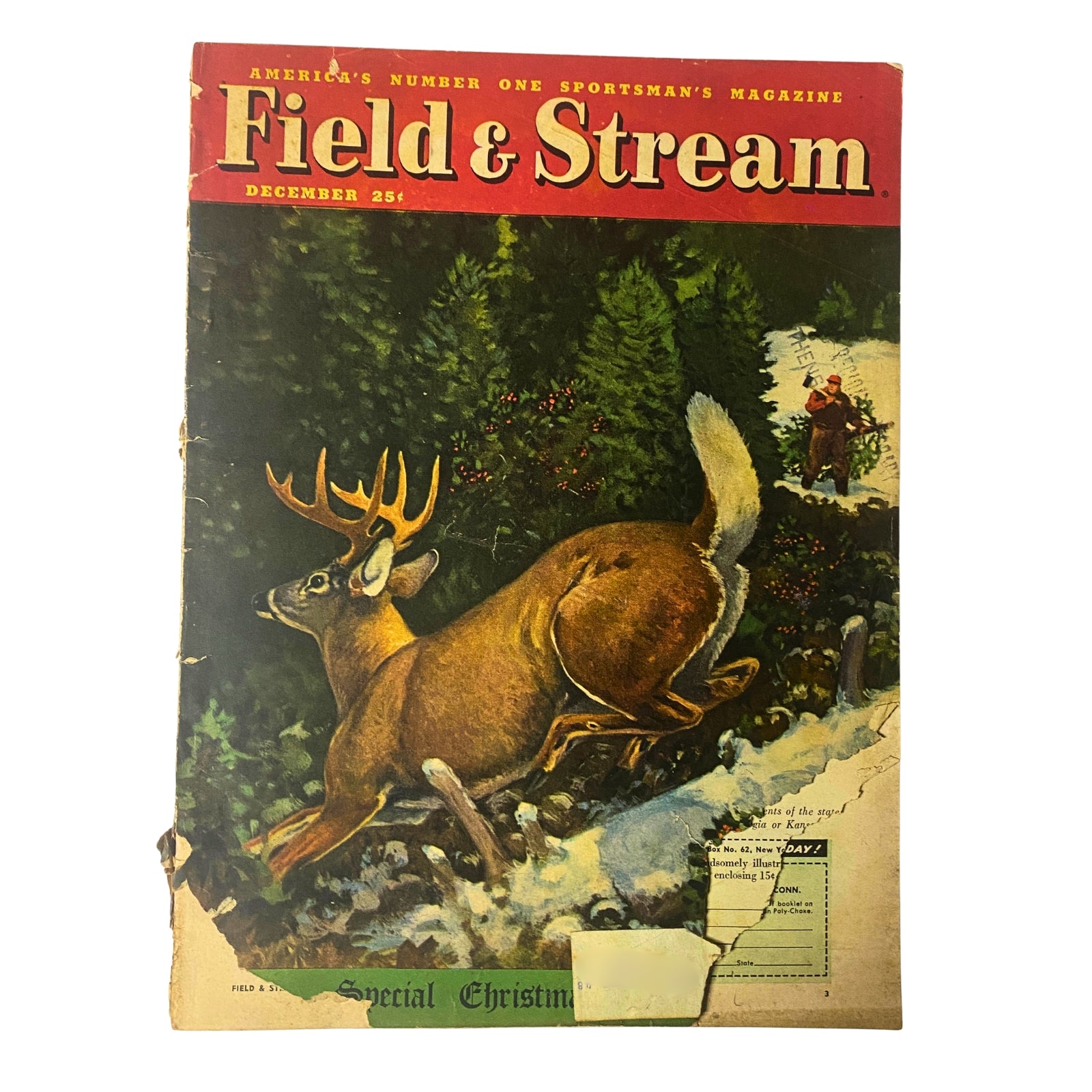 Field & Stream Magazine December 1947 Special Christmas Issue cover featuring a deer in a snowy landscape, showcasing vibrant winter scenes and hunting themes.