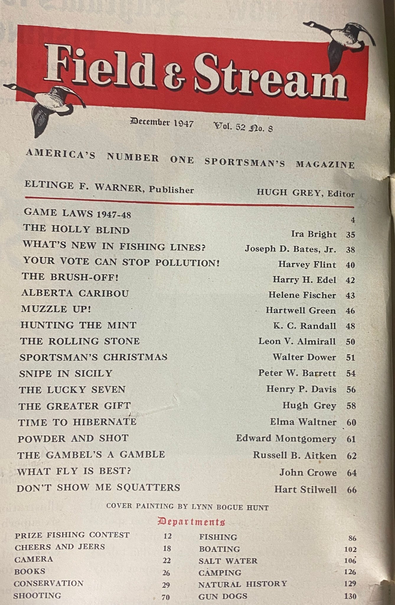 Field & Stream Magazine December 1947 Special Christmas Issue table of contents page, listing featured articles and topics related to hunting, fishing, and outdoor activities.