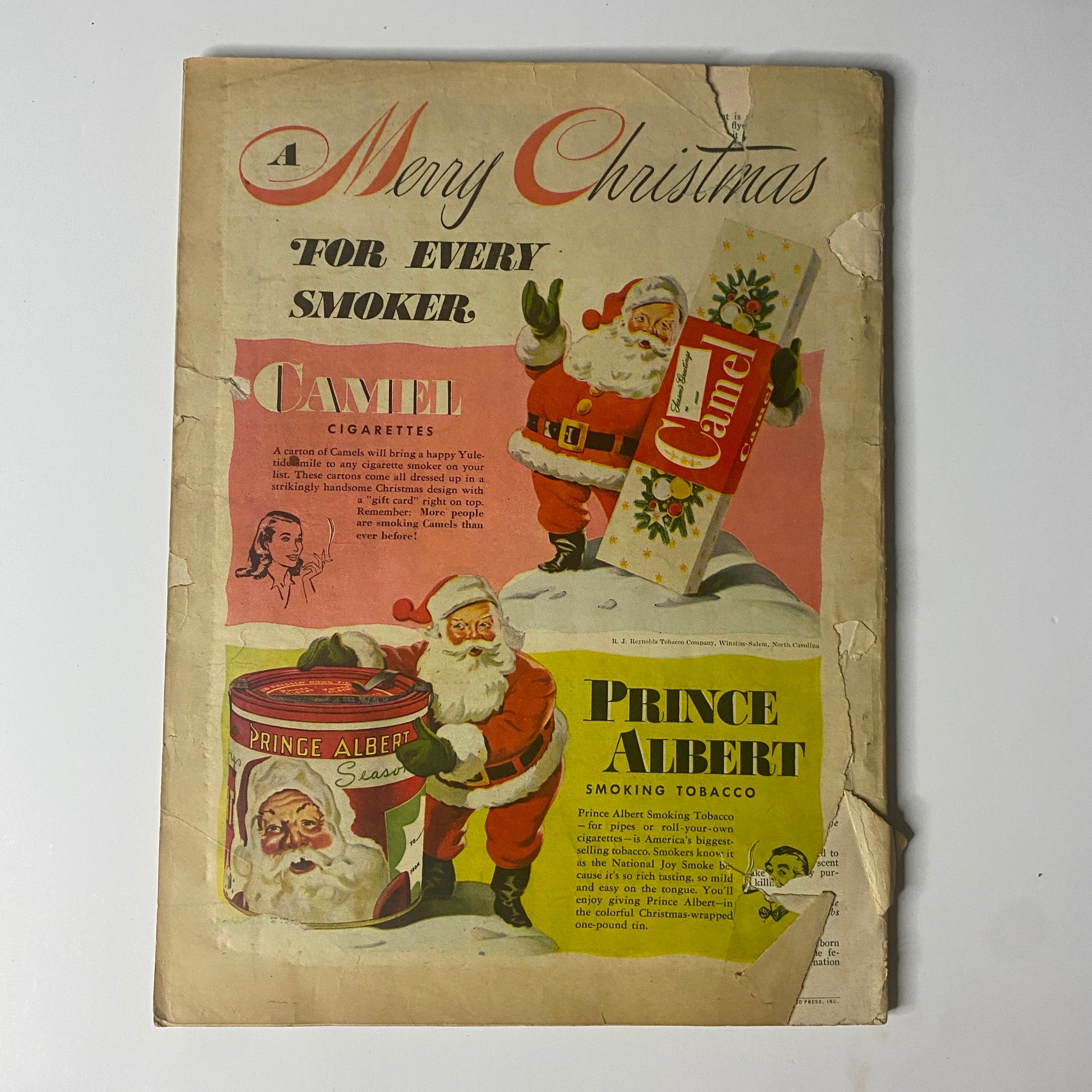 Field & Stream Magazine December 1947 Special Christmas Issue cover featuring Santa Claus promoting Camel Cigarettes and Prince Albert tobacco.
