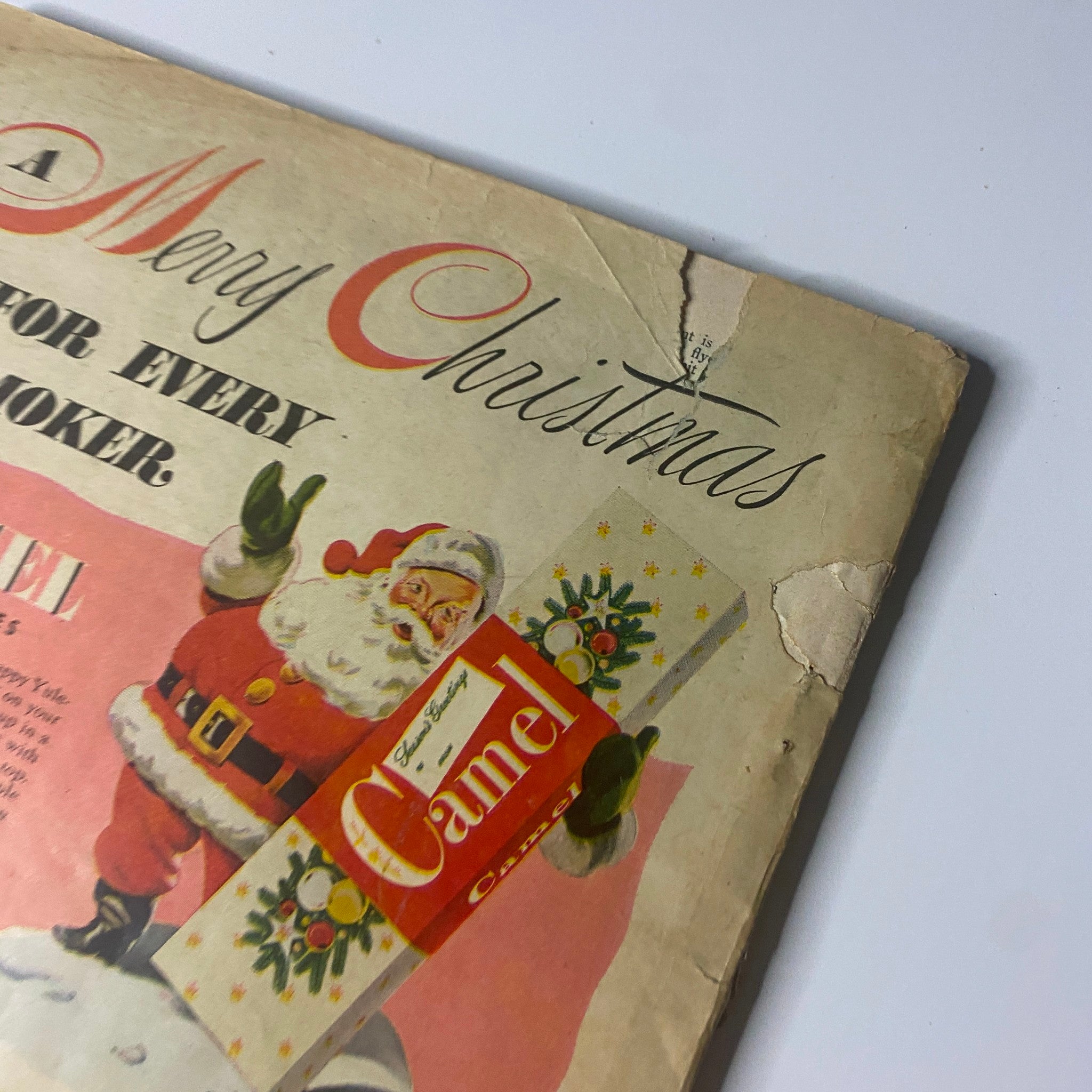 Another perspective of the Field & Stream Magazine December 1947 Special Christmas Issue cover showcasing the Camel Cigarettes advertisement under the festive theme.