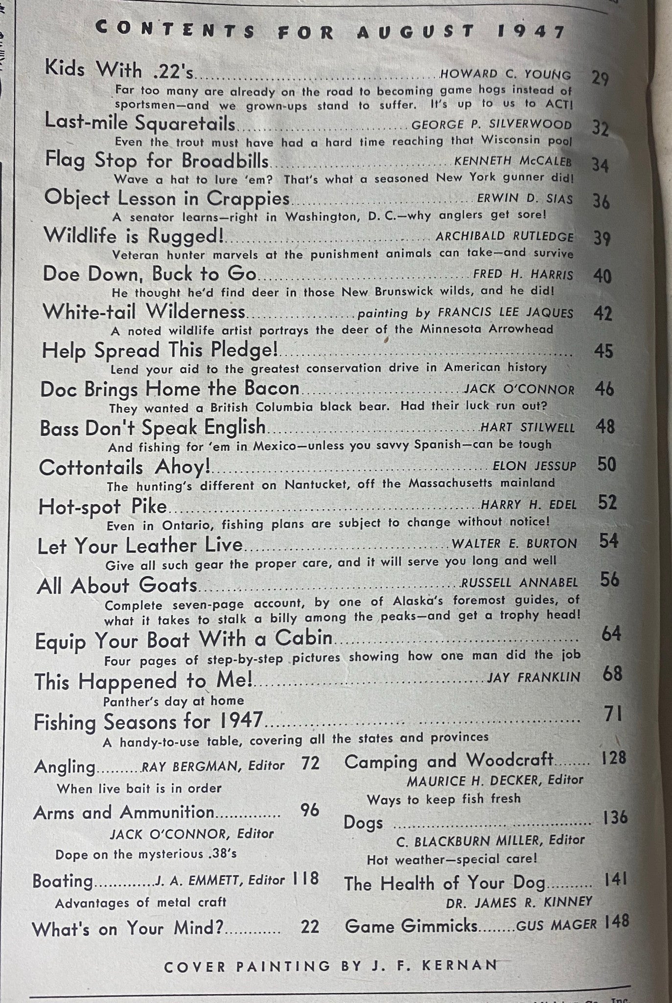 Table of contents for Outdoor Life Magazine, August 1947. This page lists various feature articles ranging from fishing tips to wildlife conservation, and includes notable contributors such as Howard C. Young and Jack O’Connor. The cover painting is credited to J. F. Kernan.