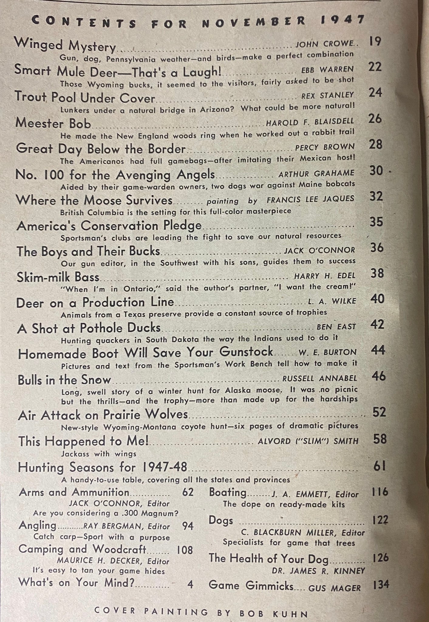 Table of contents page from Outdoor Life Magazine November 1947, listing feature articles and topics relevant to outdoor sports and conservation.