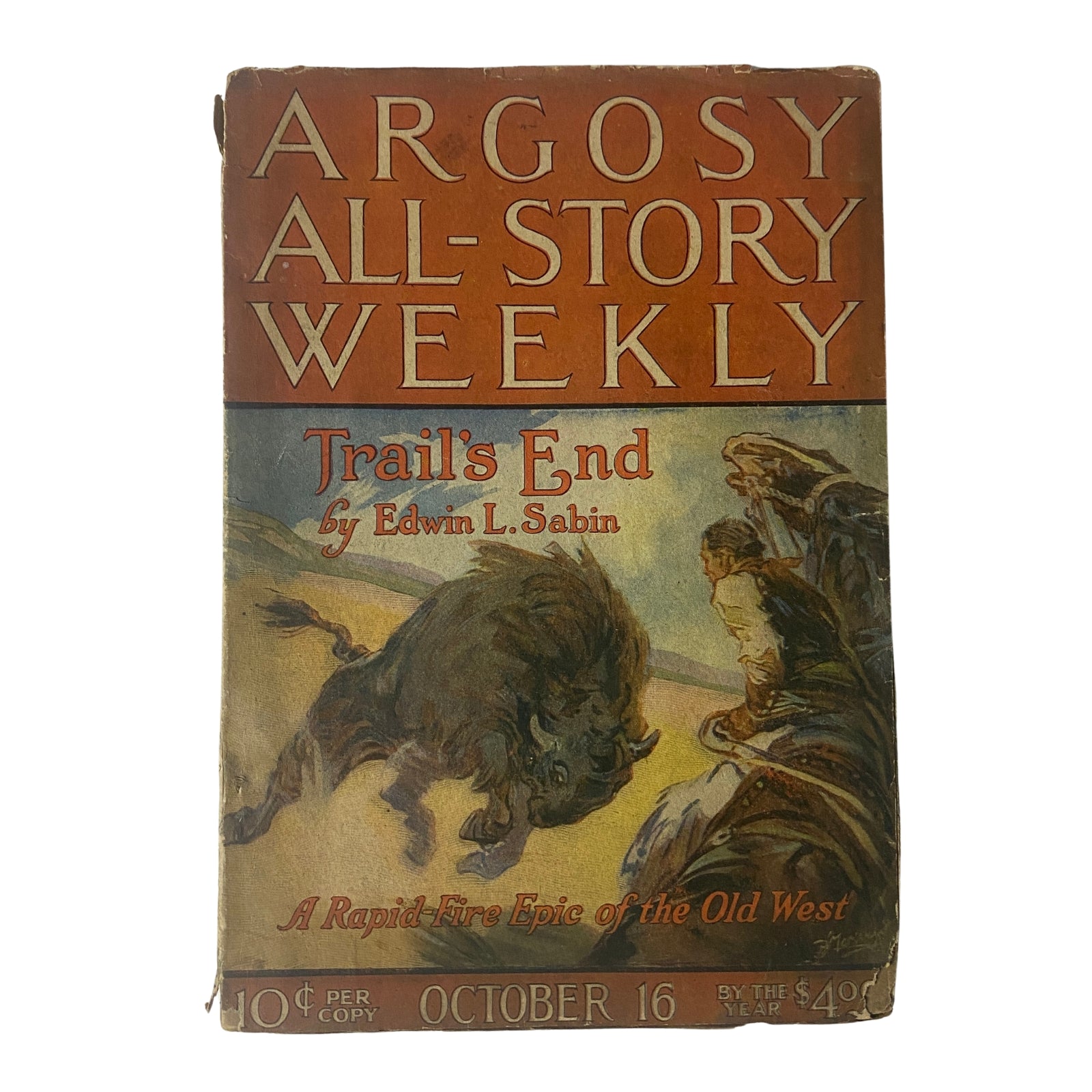 Cover of Argosy All-Story Weekly, October 16, 1920 featuring 'Trail's End' by Edwin L. Sabin, showcasing vibrant Western-themed artwork and bold title.