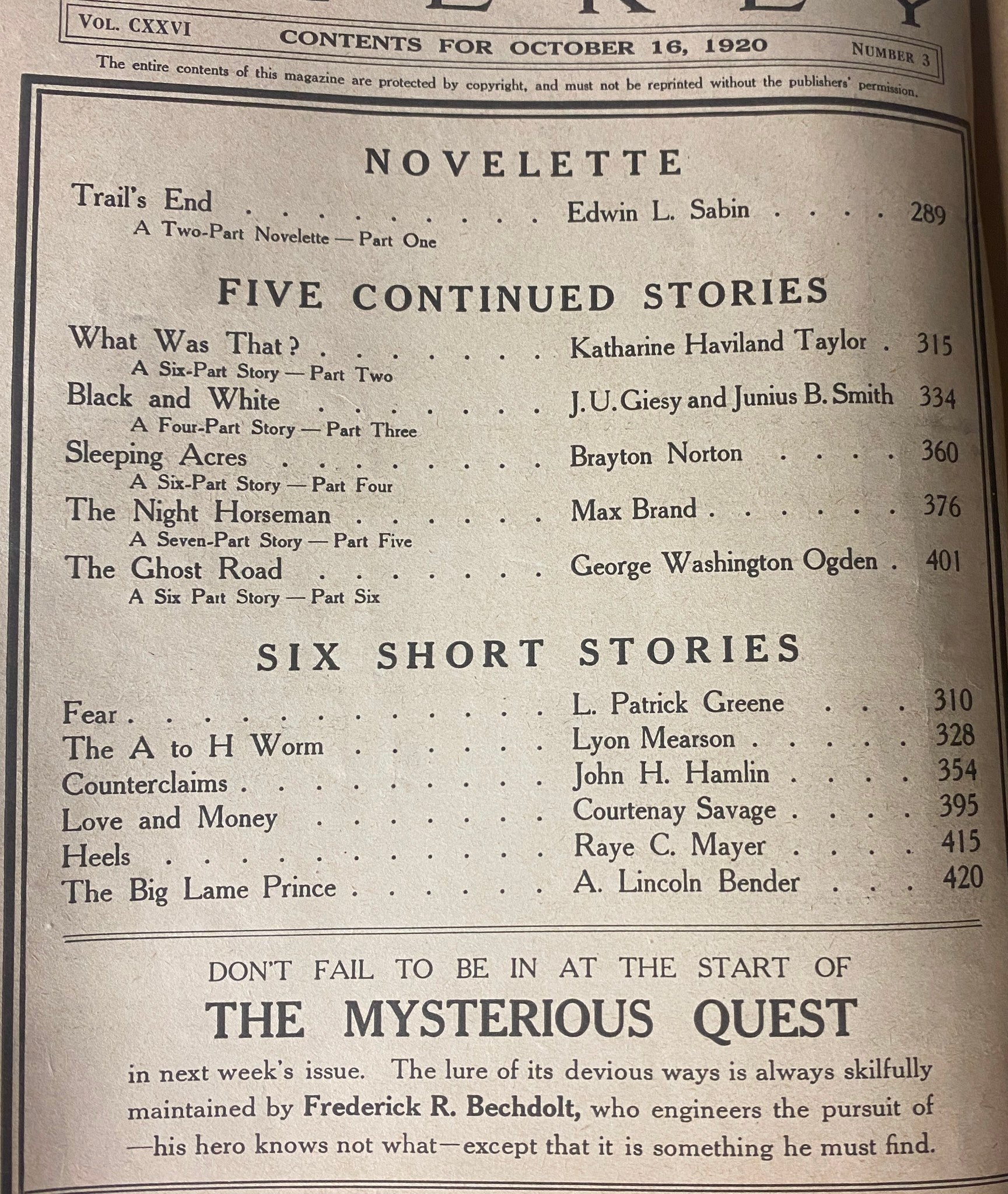 Table of contents page from Argosy All-Story Weekly, October 16, 1920 detailing featured stories including 'Trail's End' by Edwin L. Sabin and other notable works.