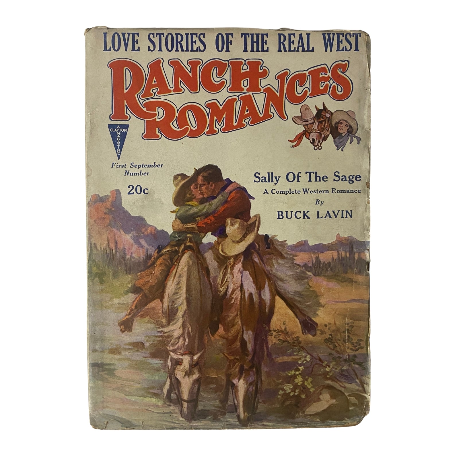 Cover of Ranch Romances Pulp Magazine, September 1927 featuring 'Sally of the Sage' by Buck Lavin, depicting cowboys riding horses in a romantic pose.