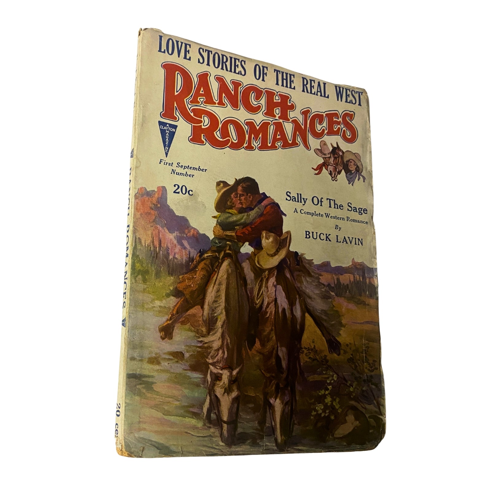 Another view of the cover of Ranch Romances Pulp Magazine, September 1927, showcasing 'Sally of the Sage' by Buck Lavin with an illustration of cowboys in a Western landscape.