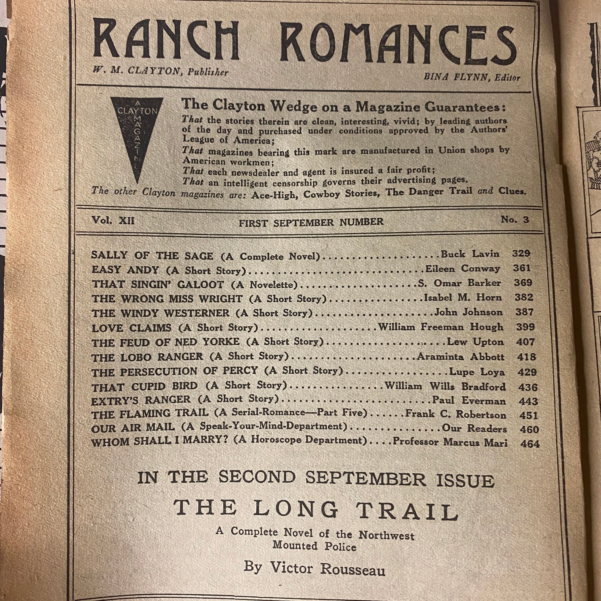 Table of contents of Ranch Romances Pulp Magazine, September 1927, listing the complete novel 'Sally of the Sage' and various short stories and novelettes featured in the issue.