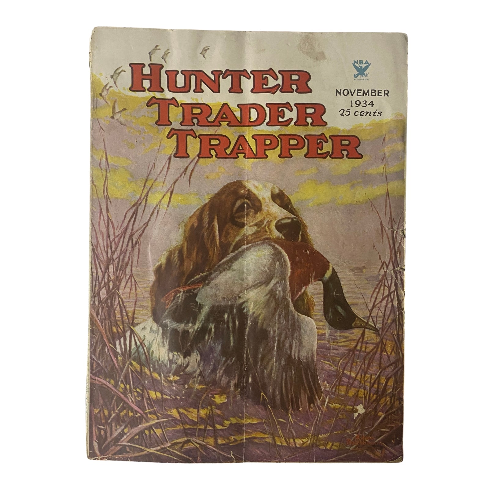 Cover of Hunter-Trader-Trapper Magazine, November 1934, featuring a hunting dog with a duck, highlighting the theme 'Dogs Afield and at Home'.