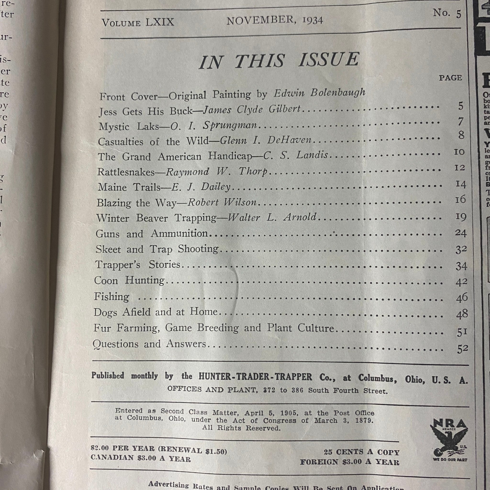 Table of contents from Hunter-Trader-Trapper Magazine November 1934, detailing articles on hunting, fishing, and trapping themes, showcasing its historical context.