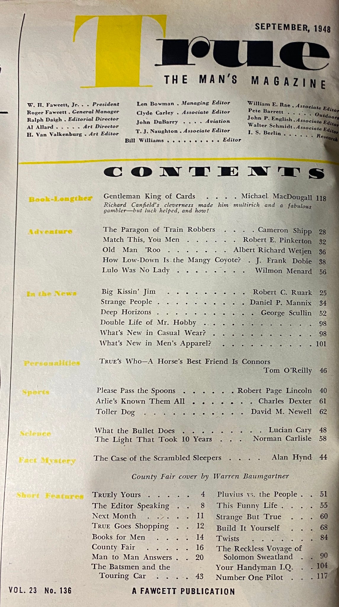 Table of Contents from True: The Man's Magazine, September 1948, listing various articles including 'Gentleman King of Cards' and 'The Paragon of Train Robbers'.
