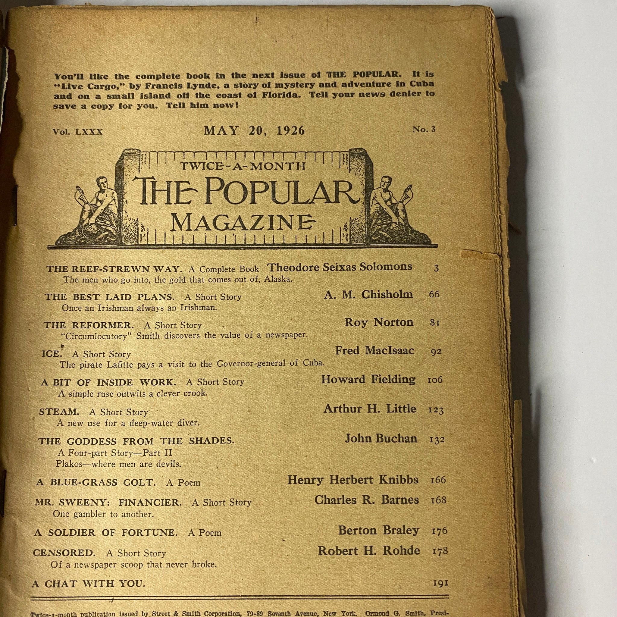 Inside view of The Popular Magazine dated May 20, 1926 displaying the table of contents, which includes the headline story 'The Reef-Strewn Way' by Theodore Seixas Solomons and a list of featured stories.