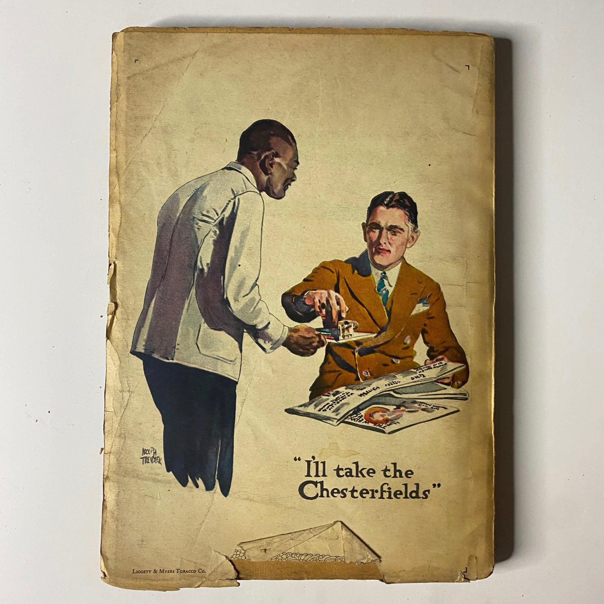 Back cover illustration of The Popular Magazine from May 20, 1926 featuring a conversation between two men with the caption 'I'll take the Chesterfields,' promoting Chesterfield cigarettes.