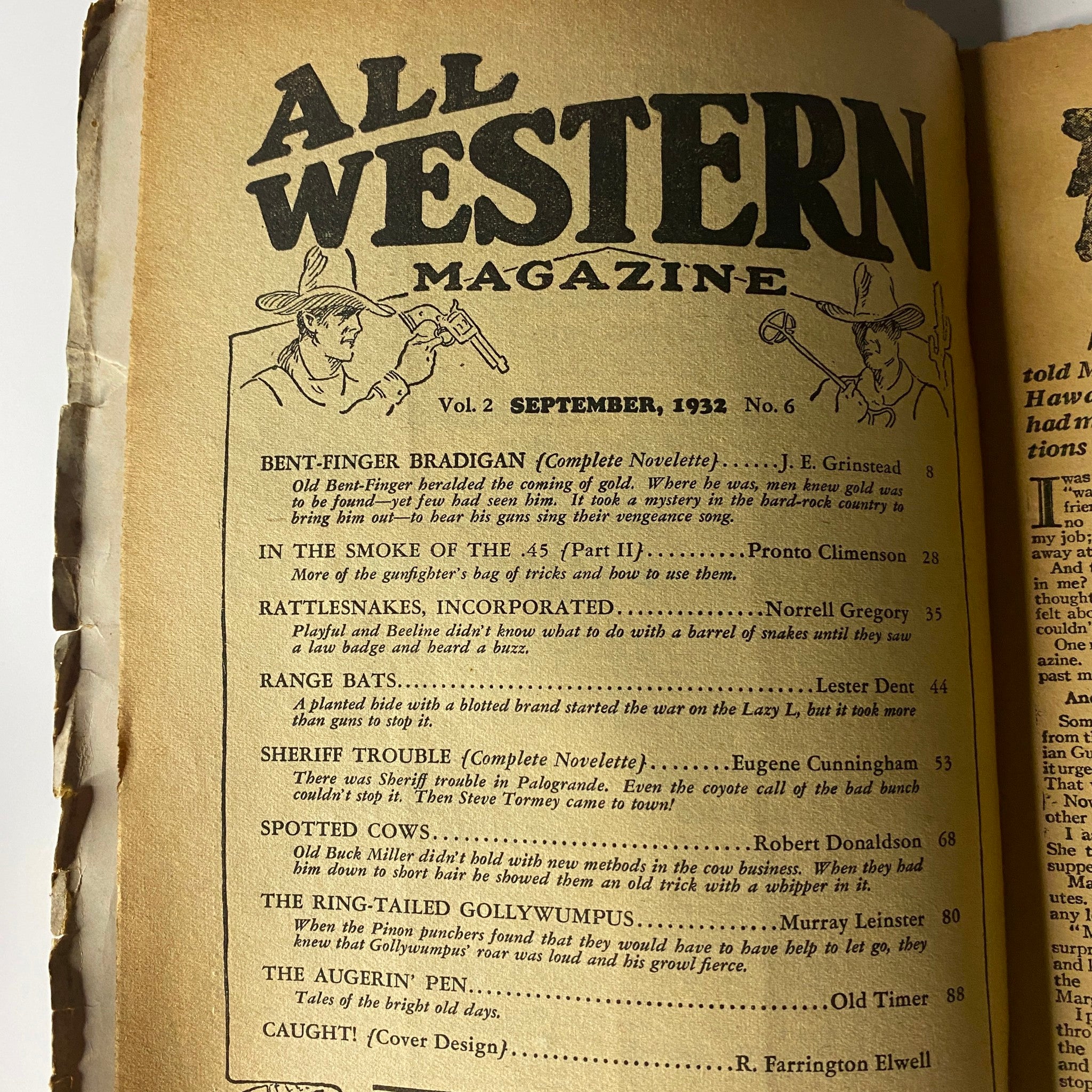 Inside page of All Western Magazine, September 1932, displaying the table of contents including stories like ‘Bent-Finger Bradigan’ and ‘In The Smoke of the .45’.