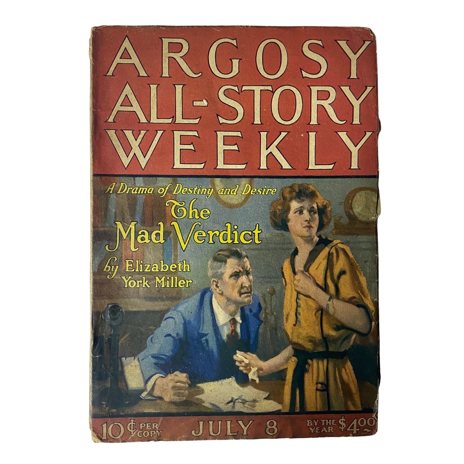 Cover of Argosy All-Story Weekly magazine from July 8, 1922 titled 'The Mad Verdict' featuring illustration of a man and woman, highlighting a narrative of drama, destiny, and desire.