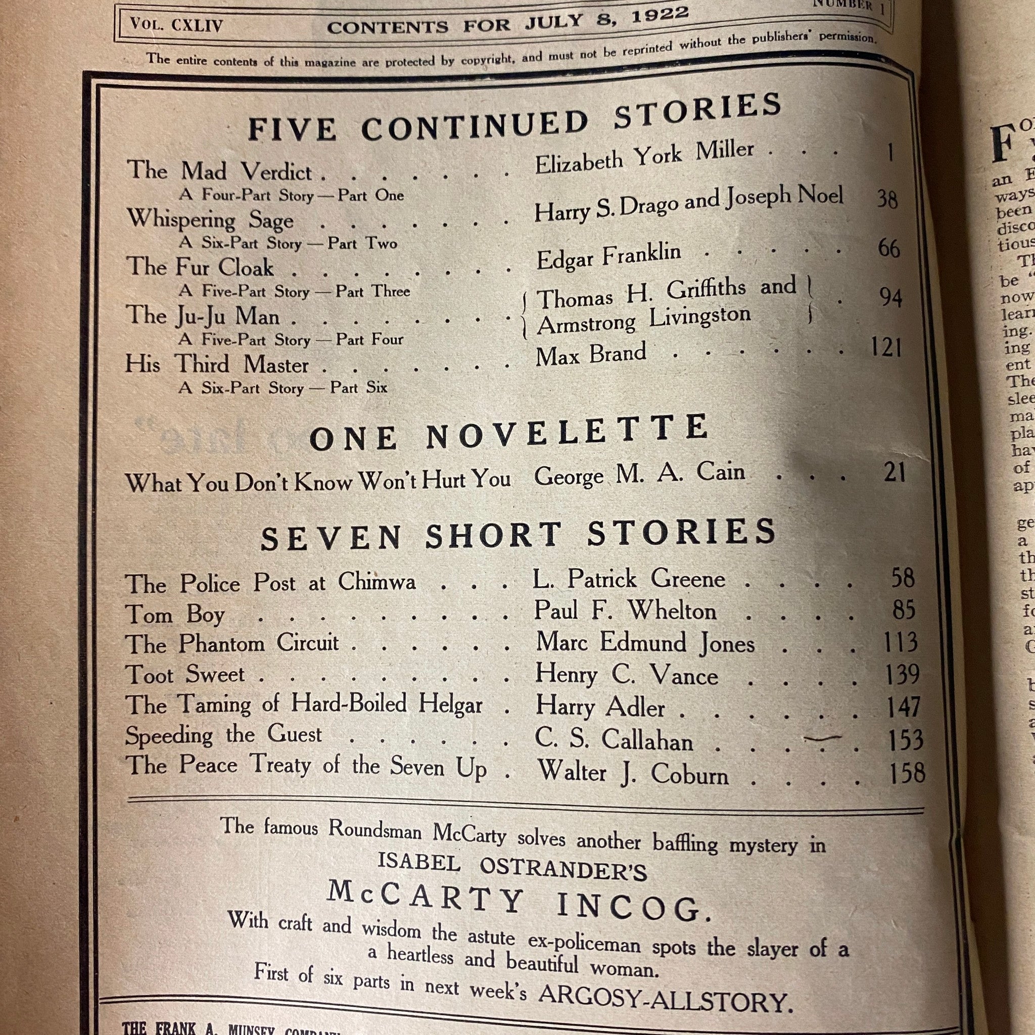 Contents page of Argosy All-Story Weekly for July 8, 1922, detailing featured stories including 'The Mad Verdict' by Elizabeth York Miller, showcasing the magazine's diverse short fiction offerings.