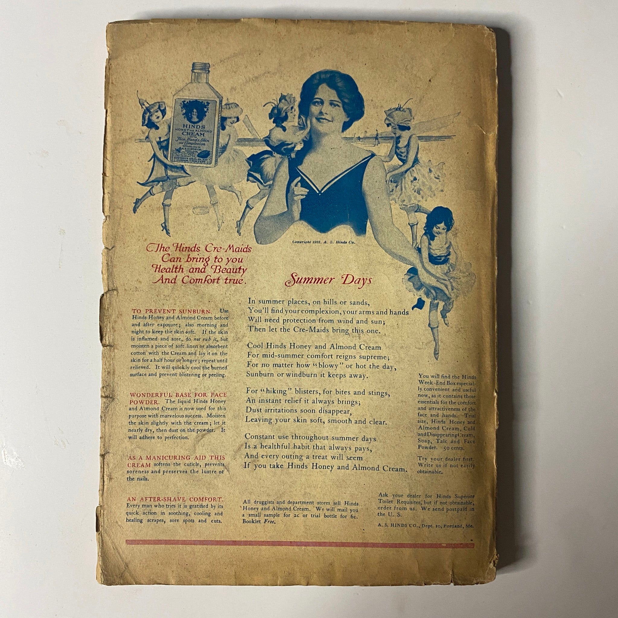 Back cover advertisement from Argosy All-Story Weekly Pulp Magazine July 8, 1922, featuring health and beauty products, promoting Almond Cream, with an illustration of a woman and fairies, emphasizing summer skin care.