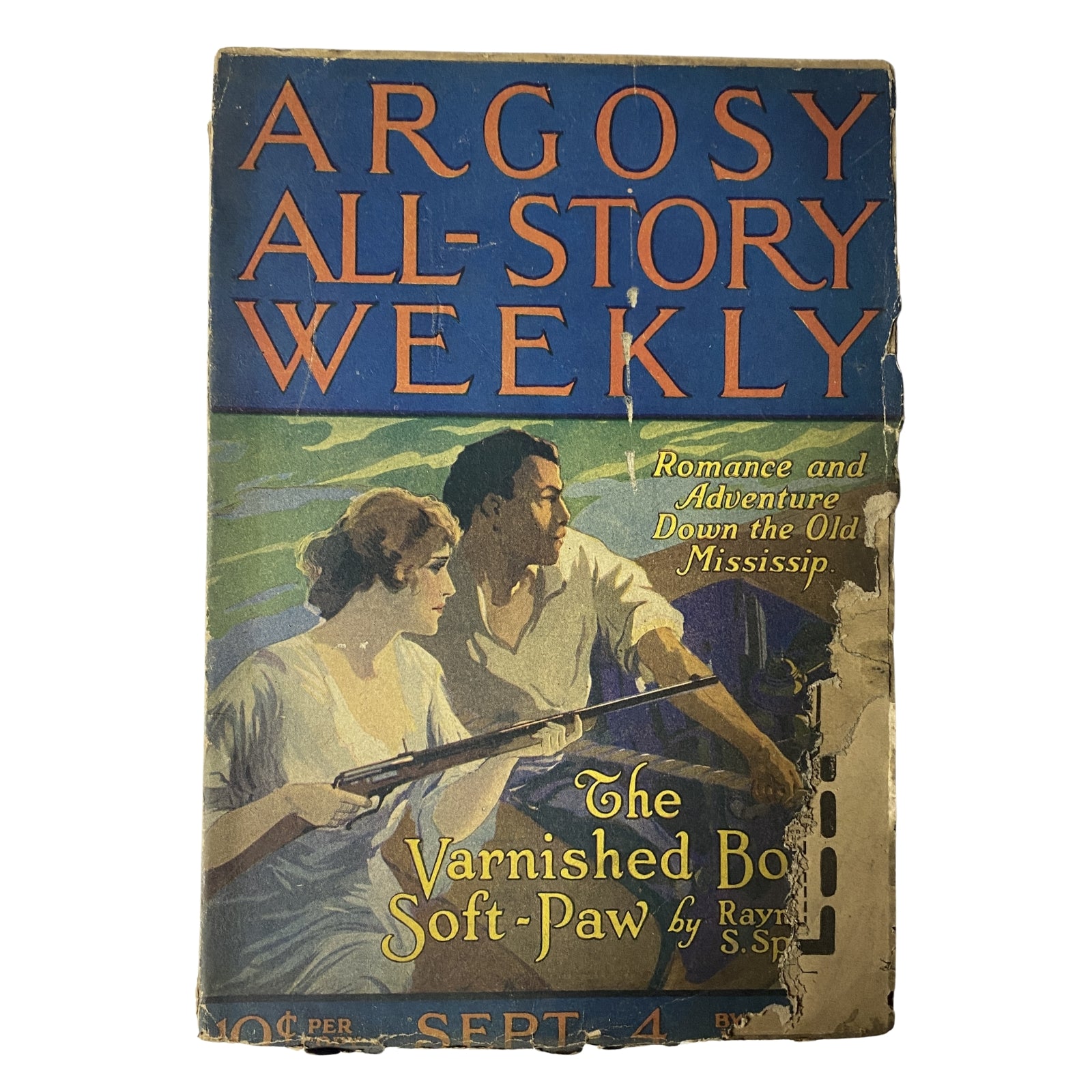 Argosy All-Story Weekly magazine cover from September 4, 1920, featuring the title 'The Varnished Boat Soft-Paw' by Raymond S. Spears, showcasing romance and adventure along the Old Mississippi.