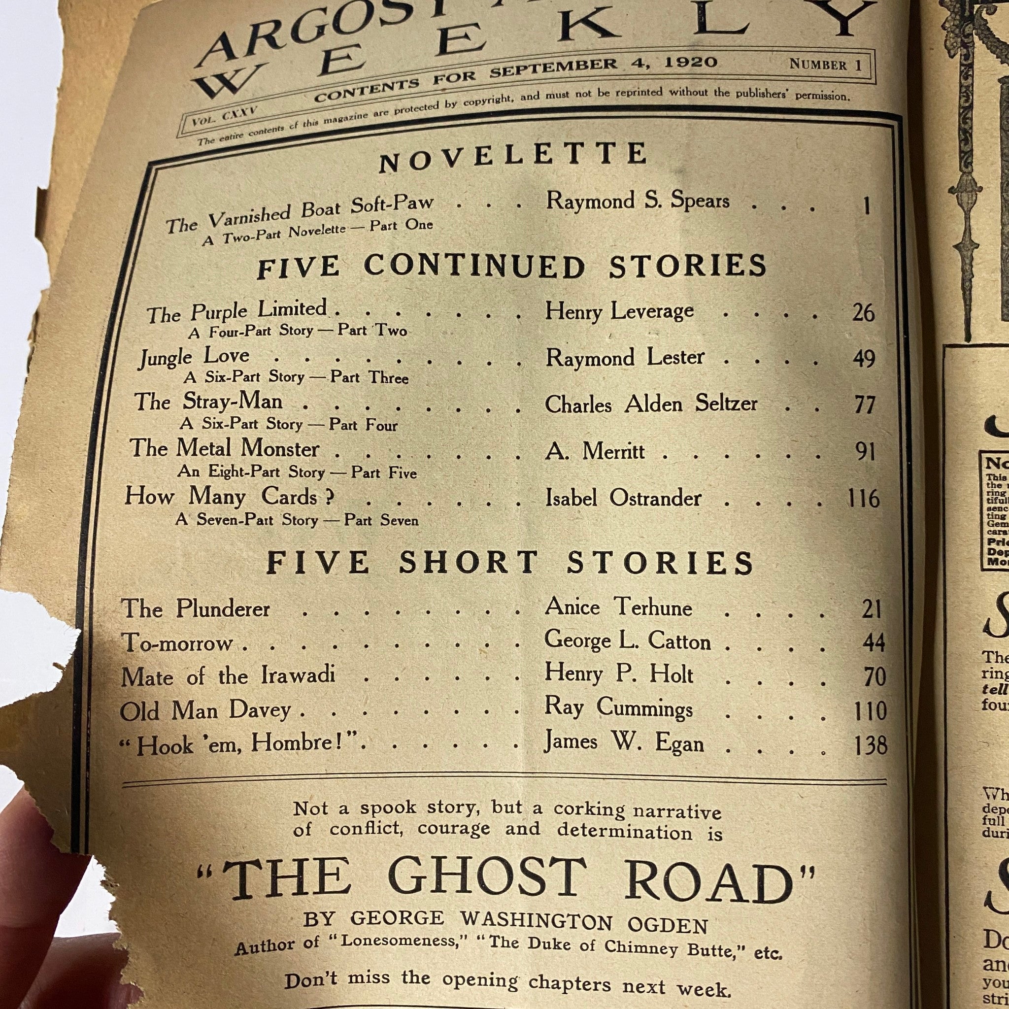 Table of contents from Argosy All-Story Weekly, September 4, 1920 issue featuring stories like 'The Varnished Boat Soft-Paw,' 'The Purple Limited,' and 'Jungle Love.' Highlights the rich variety of pulp fiction in this vintage magazine.