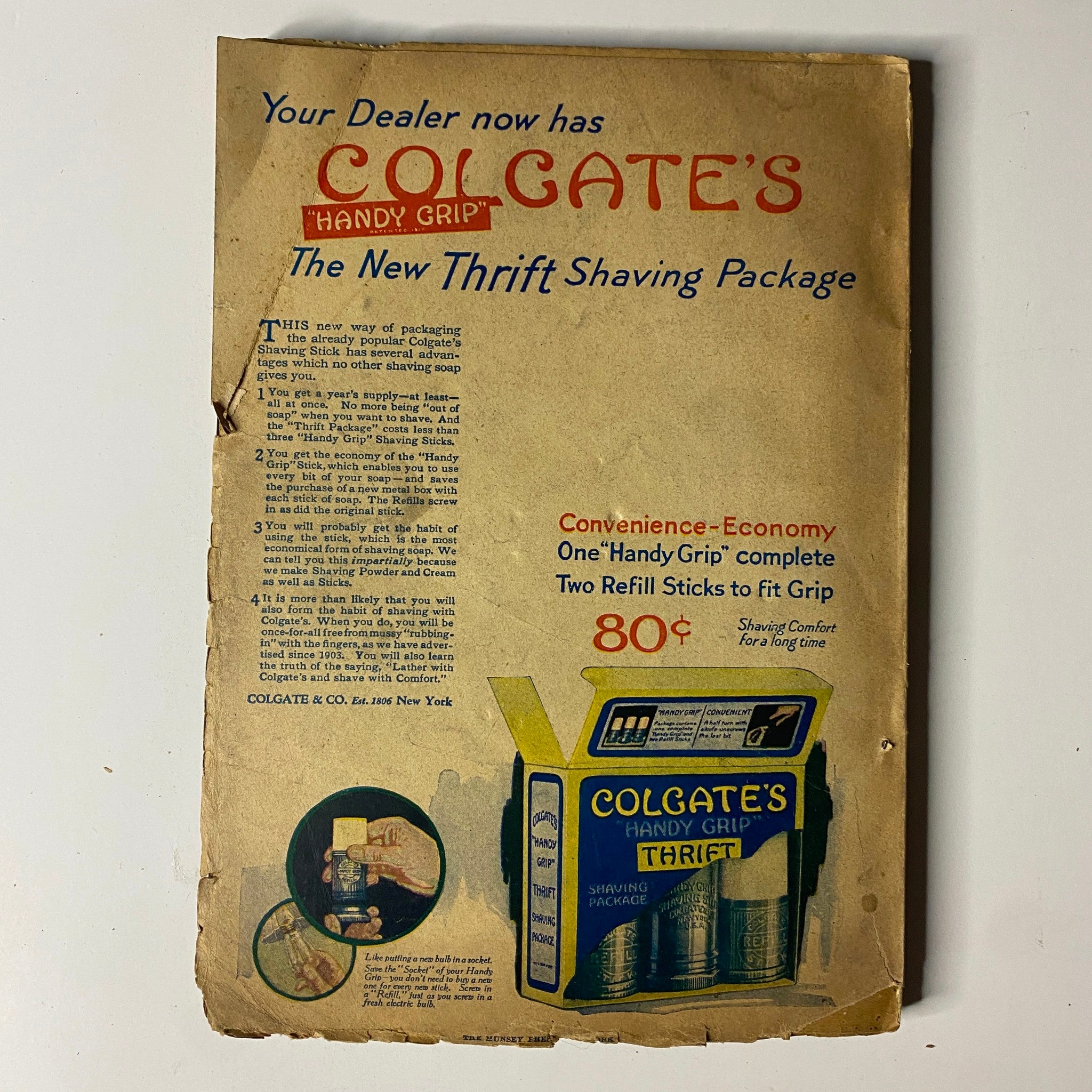 Advertisement for Colgate's Handy Grip Shaving Package from the Argosy All-Story Weekly magazine, September 4, 1920. Showcases the product packaging and promotional offers from the era.
